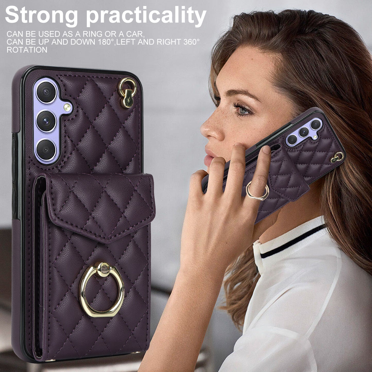 For Samsung Galaxy S24 Case Card Bag Leather+TPU Crossbody Cover with Ring Kickstand - Dark Purple