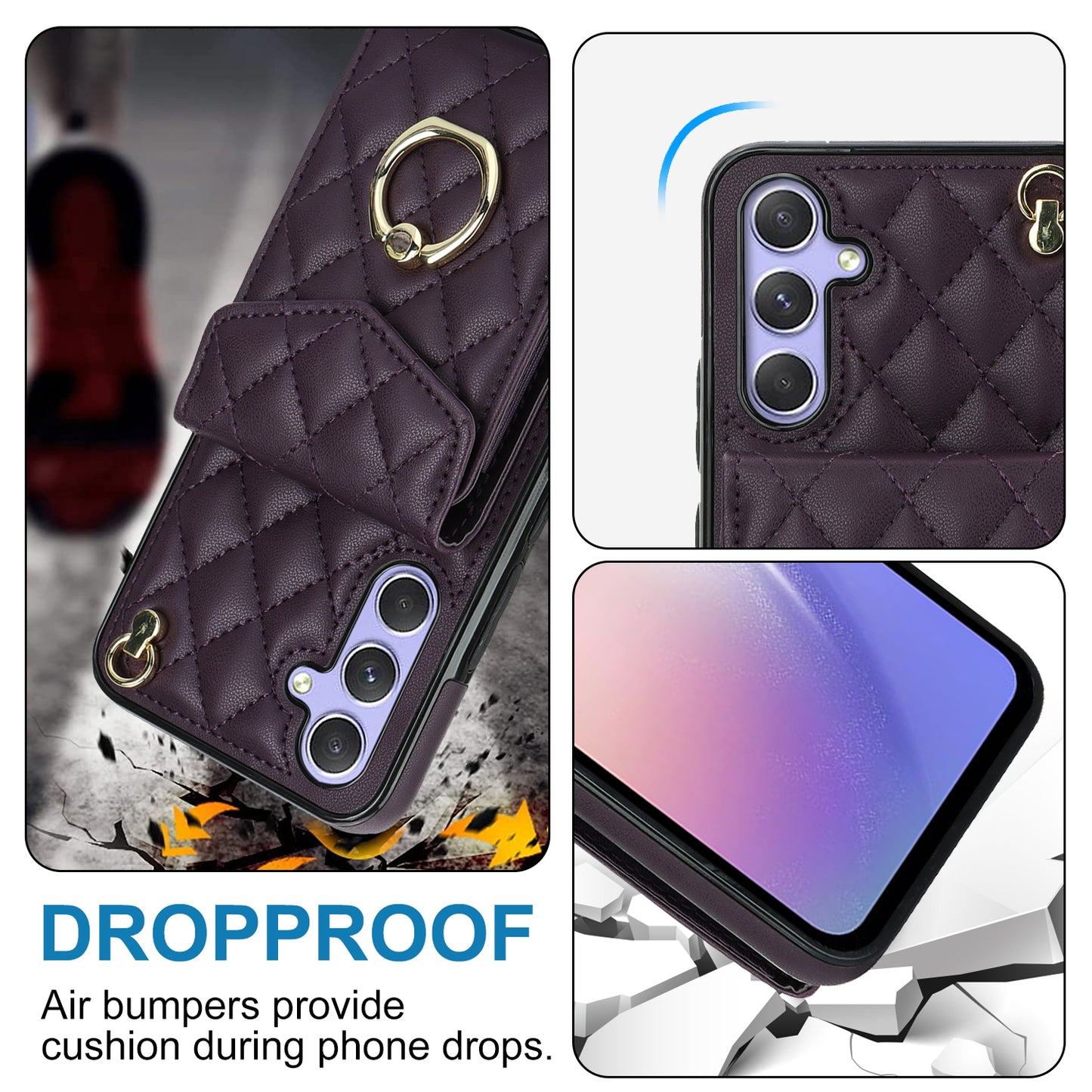 For Samsung Galaxy S24 Case Card Bag Leather+TPU Crossbody Cover with Ring Kickstand - Dark Purple