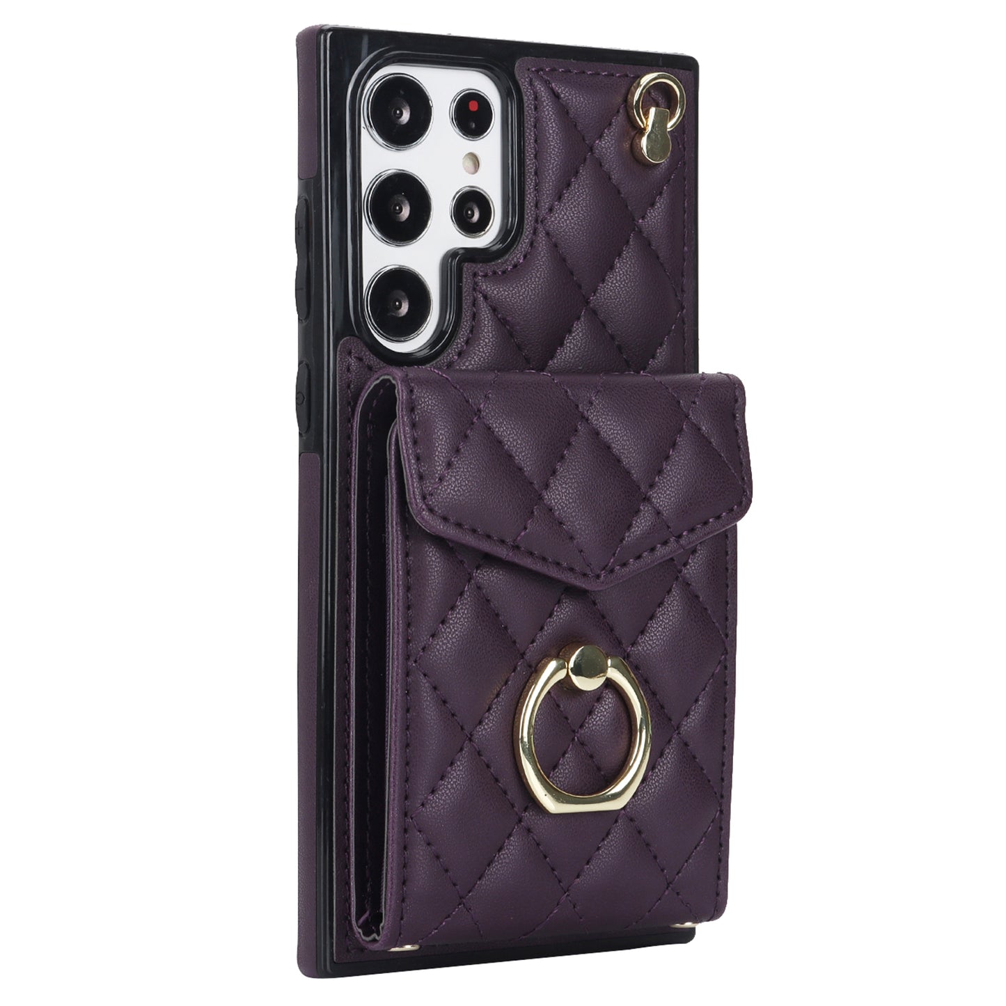 For Samsung Galaxy S24 Ultra Case Ring Kickstand Card Holder Leather+TPU Cover with 2 Straps - Dark Purple