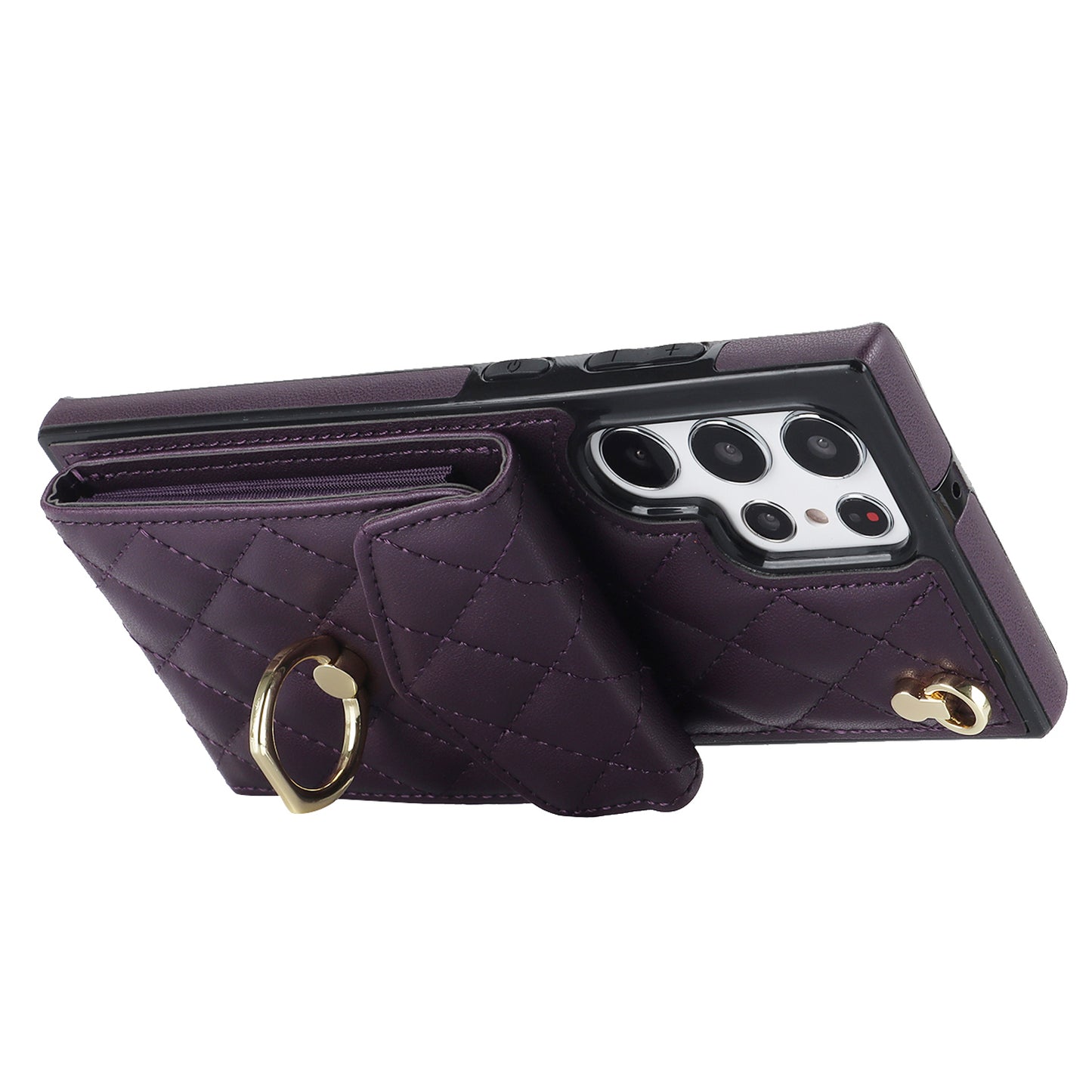 For Samsung Galaxy S24 Ultra Case Ring Kickstand Card Holder Leather+TPU Cover with 2 Straps - Dark Purple