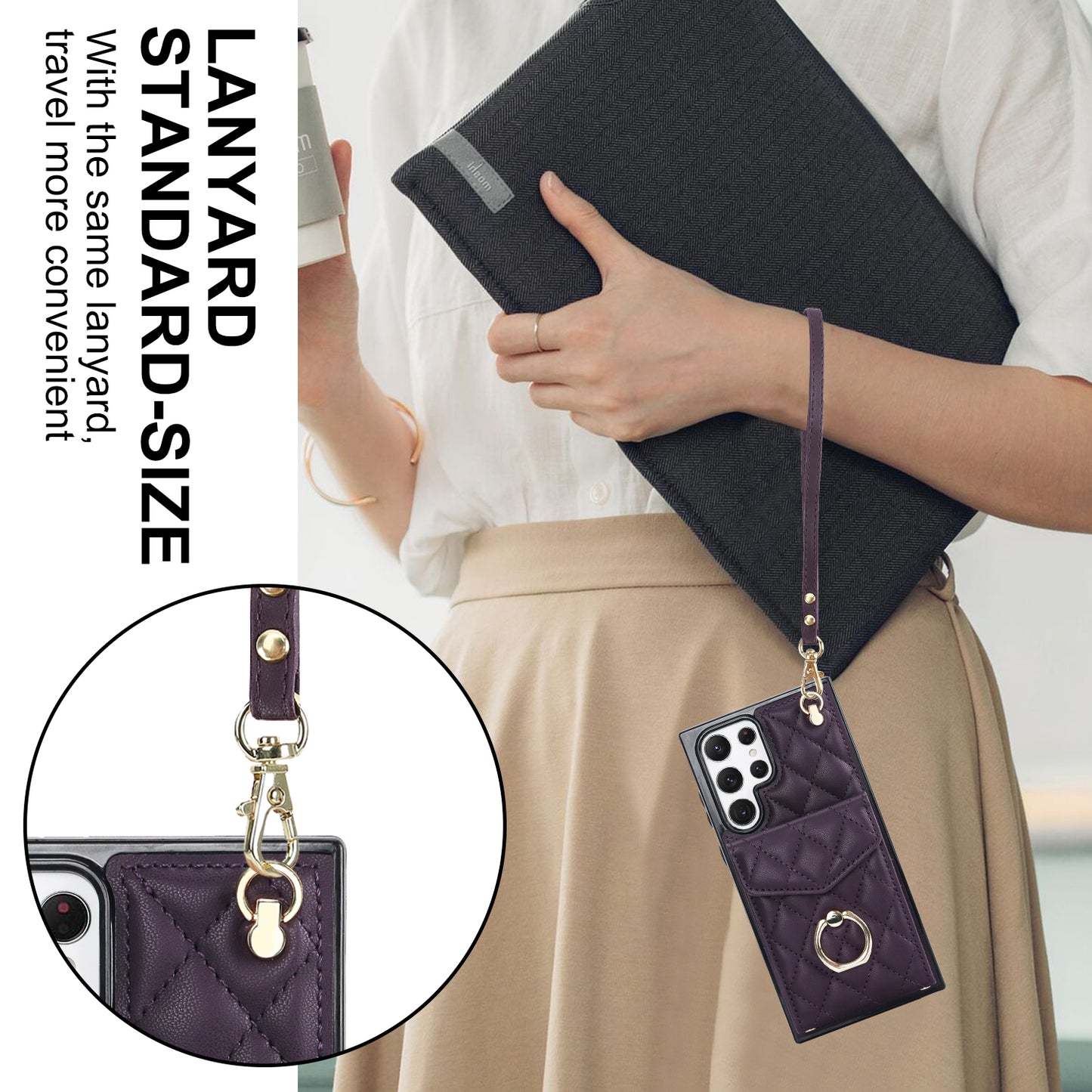 For Samsung Galaxy S24 Ultra Case Ring Kickstand Card Holder Leather+TPU Cover with 2 Straps - Dark Purple
