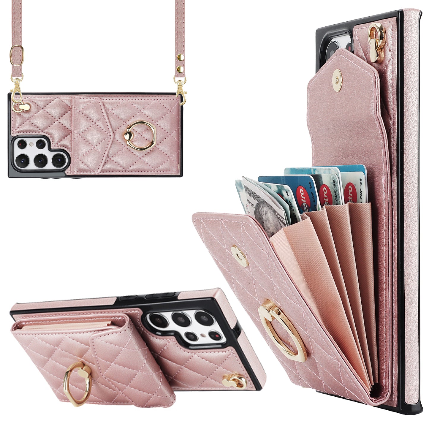 For Samsung Galaxy S24 Ultra Case Ring Kickstand Card Holder Leather+TPU Cover with 2 Straps - Rose Gold
