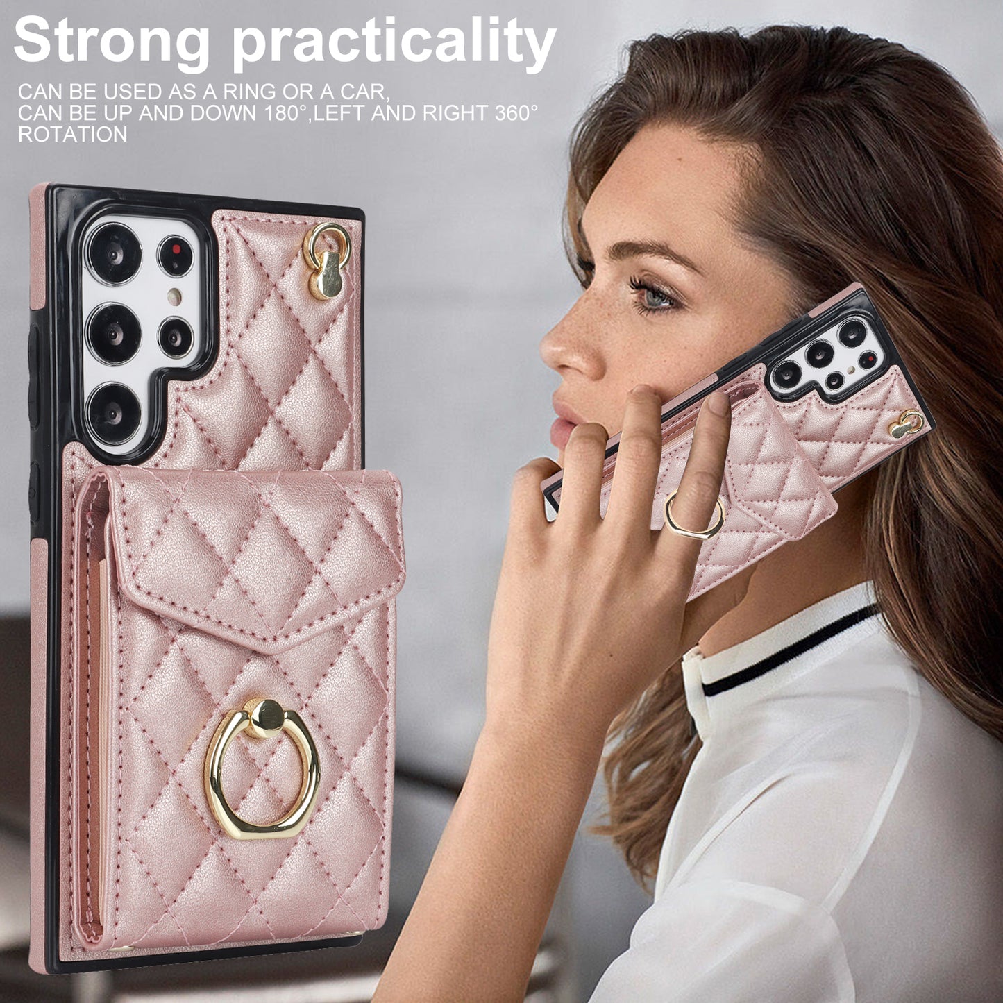 For Samsung Galaxy S24 Ultra Case Ring Kickstand Card Holder Leather+TPU Cover with 2 Straps - Rose Gold