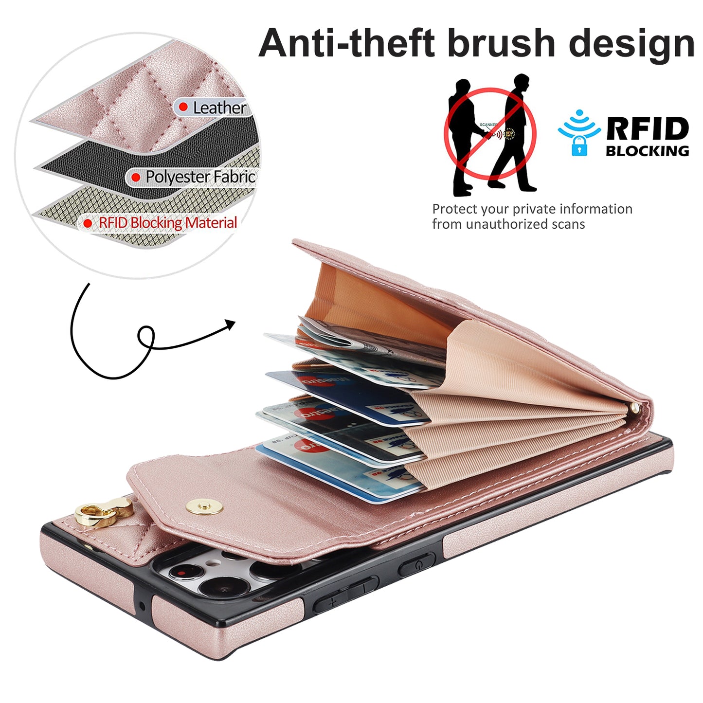 For Samsung Galaxy S24 Ultra Case Ring Kickstand Card Holder Leather+TPU Cover with 2 Straps - Rose Gold