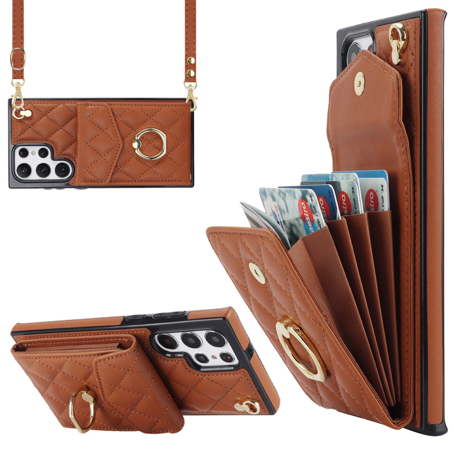 For Samsung Galaxy S24 Ultra Case Ring Kickstand Card Holder Leather+TPU Cover with 2 Straps - Brown