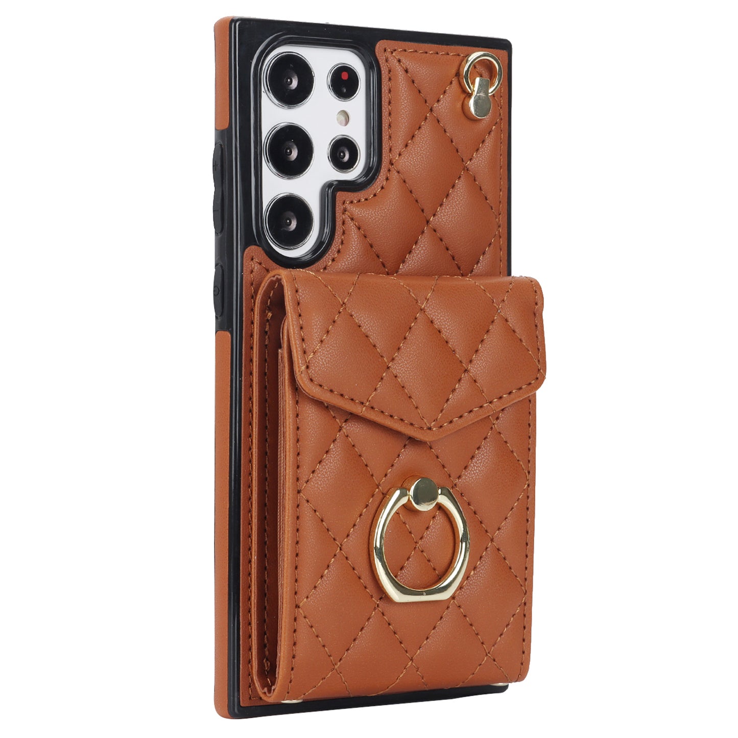 For Samsung Galaxy S24 Ultra Case Ring Kickstand Card Holder Leather+TPU Cover with 2 Straps - Brown