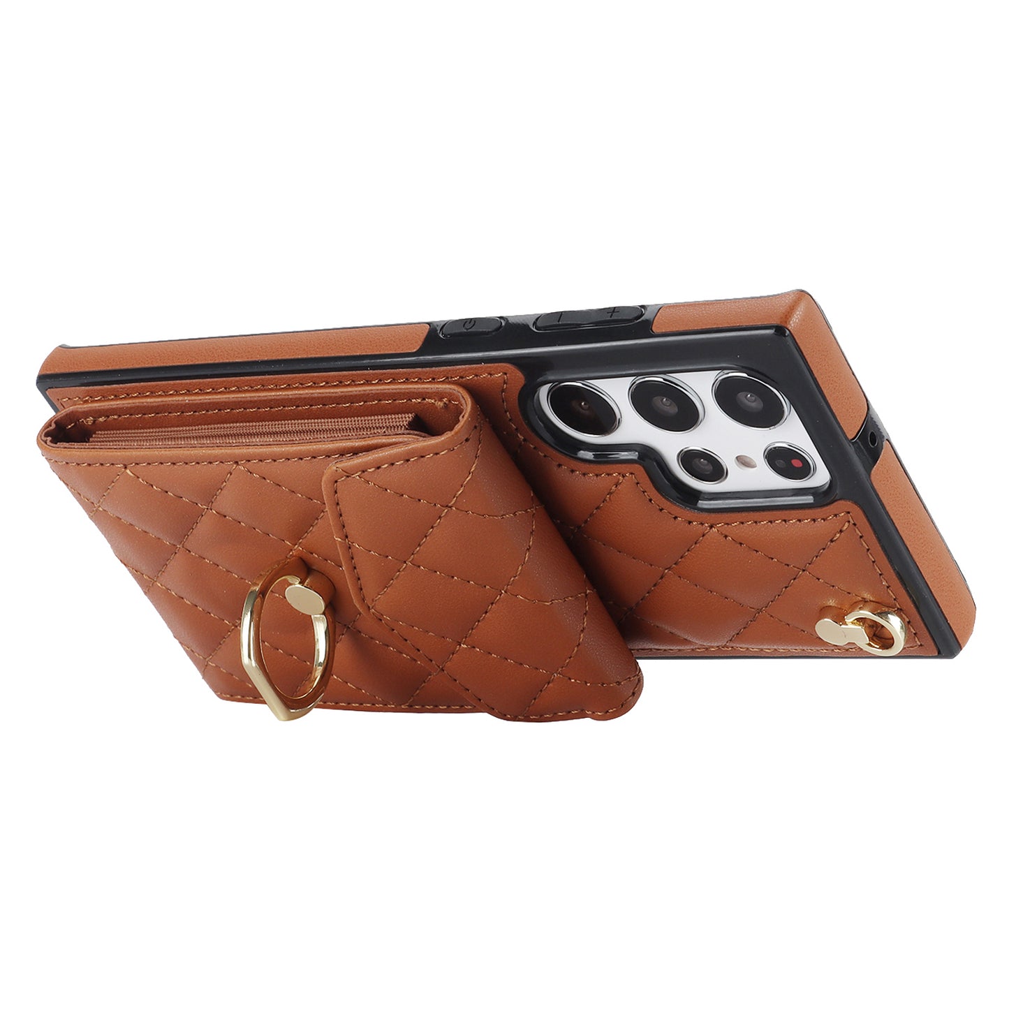 For Samsung Galaxy S24 Ultra Case Ring Kickstand Card Holder Leather+TPU Cover with 2 Straps - Brown