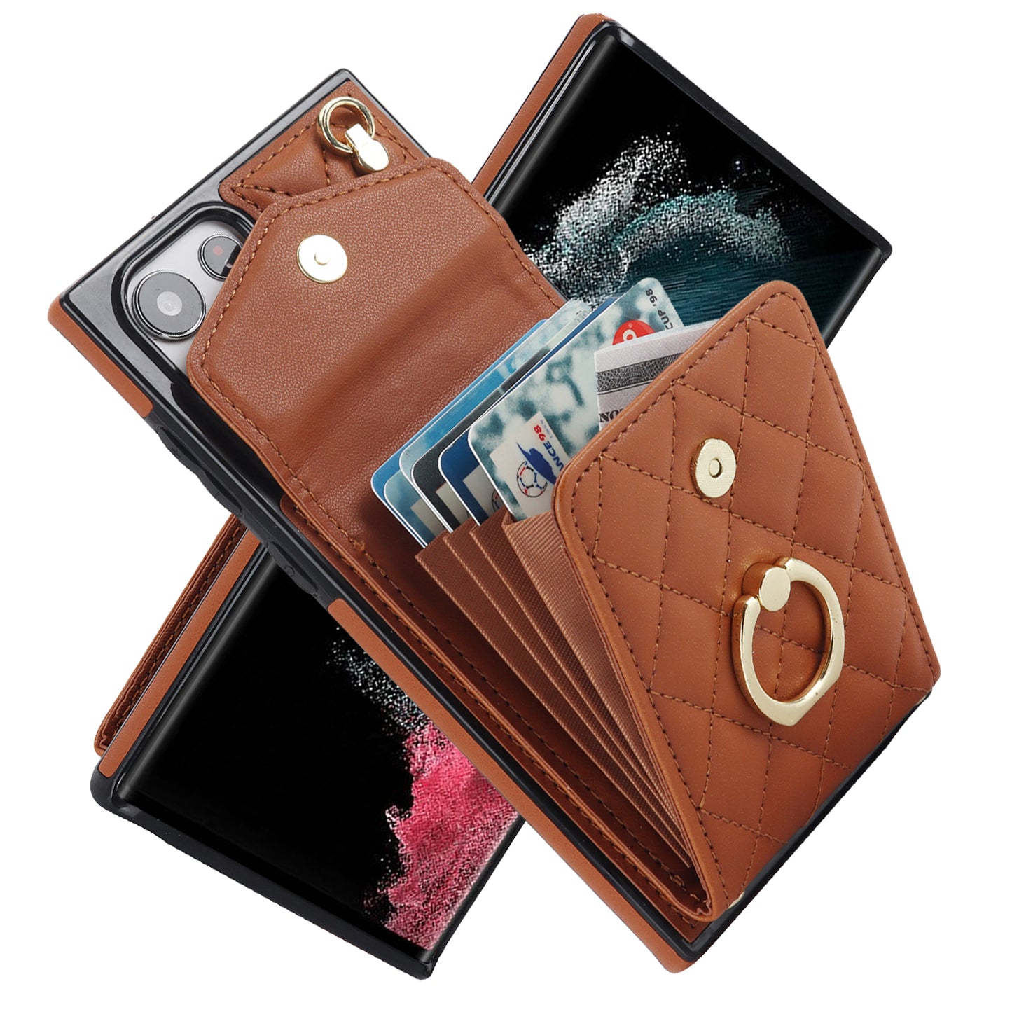 For Samsung Galaxy S24 Ultra Case Ring Kickstand Card Holder Leather+TPU Cover with 2 Straps - Brown