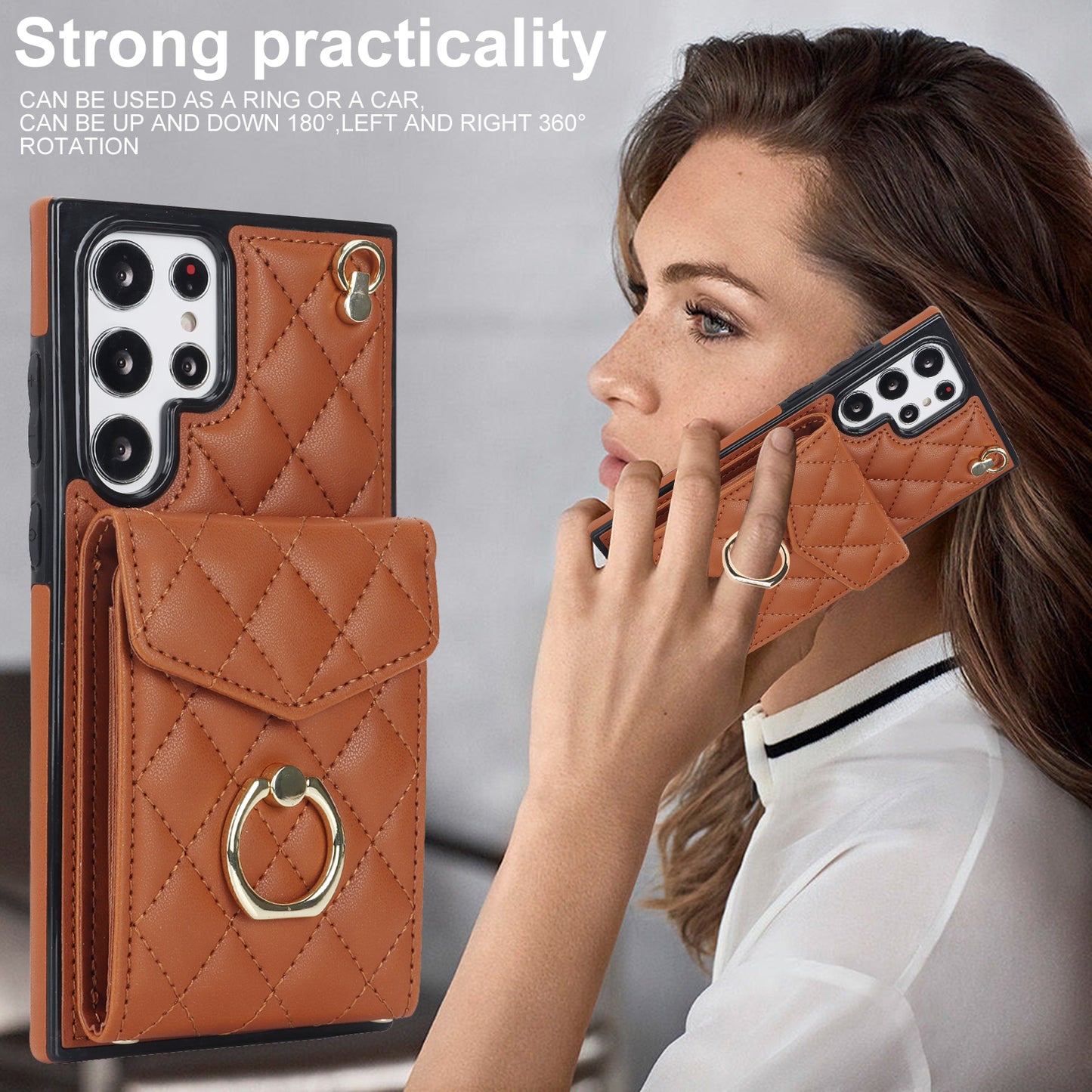 For Samsung Galaxy S24 Ultra Case Ring Kickstand Card Holder Leather+TPU Cover with 2 Straps - Brown