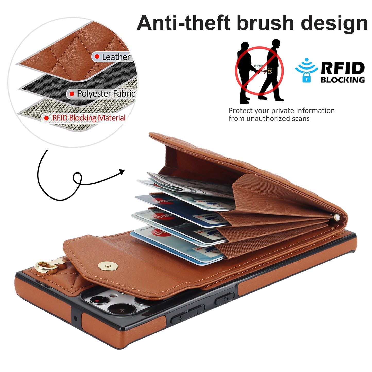 For Samsung Galaxy S24 Ultra Case Ring Kickstand Card Holder Leather+TPU Cover with 2 Straps - Brown