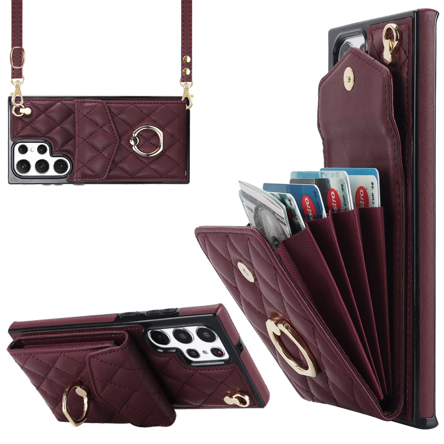 For Samsung Galaxy S24 Ultra Case Ring Kickstand Card Holder Leather+TPU Cover with 2 Straps - Wine Red