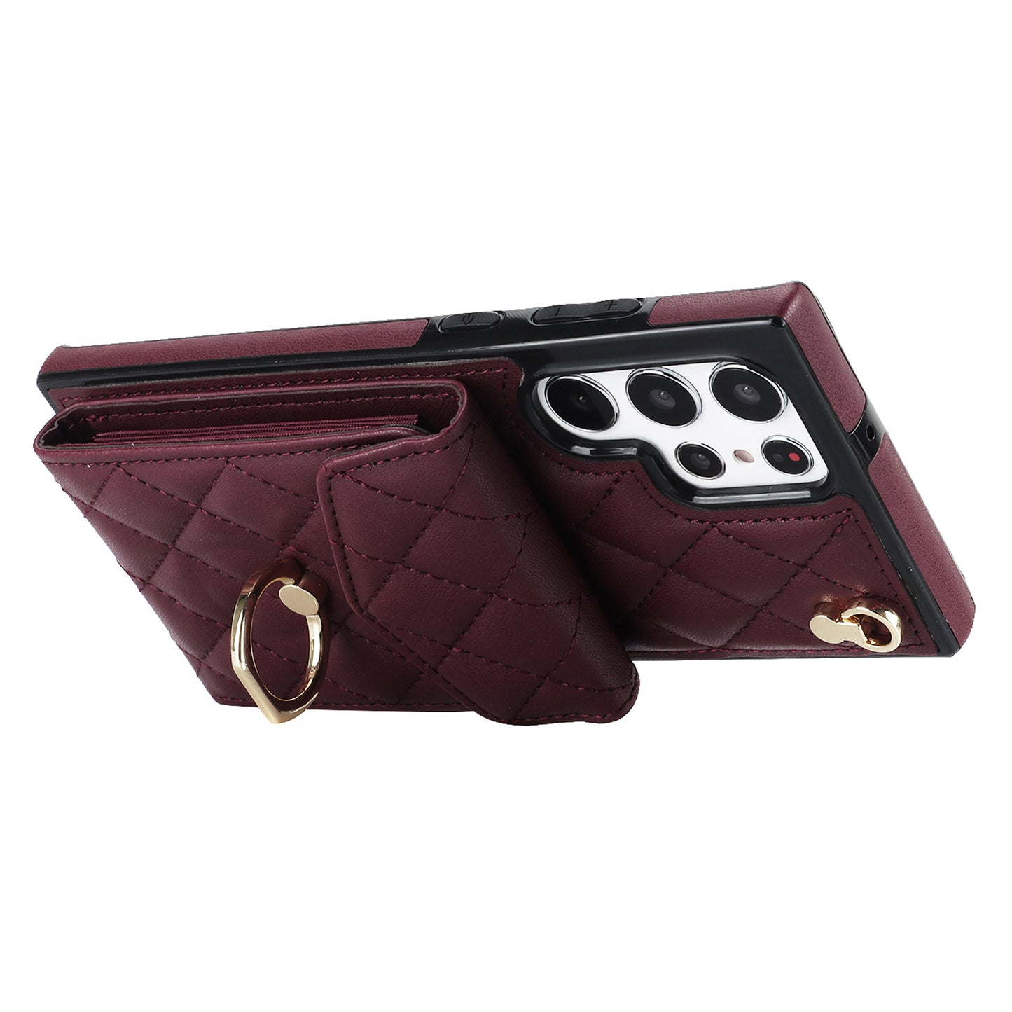 For Samsung Galaxy S24 Ultra Case Ring Kickstand Card Holder Leather+TPU Cover with 2 Straps - Wine Red