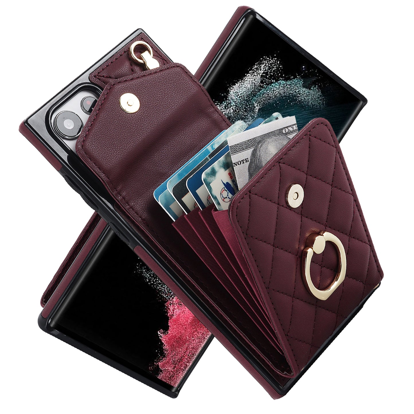 For Samsung Galaxy S24 Ultra Case Ring Kickstand Card Holder Leather+TPU Cover with 2 Straps - Wine Red