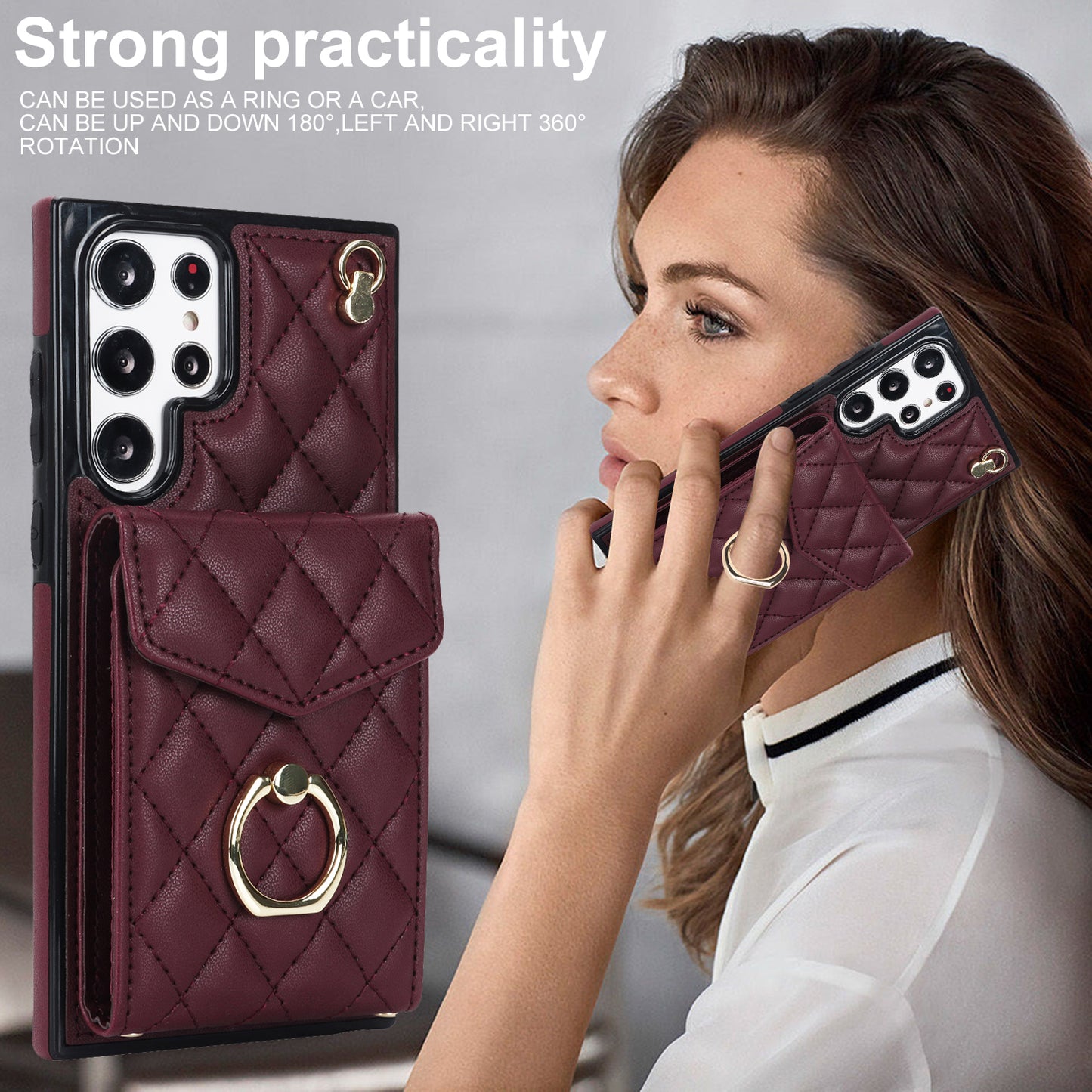 For Samsung Galaxy S24 Ultra Case Ring Kickstand Card Holder Leather+TPU Cover with 2 Straps - Wine Red