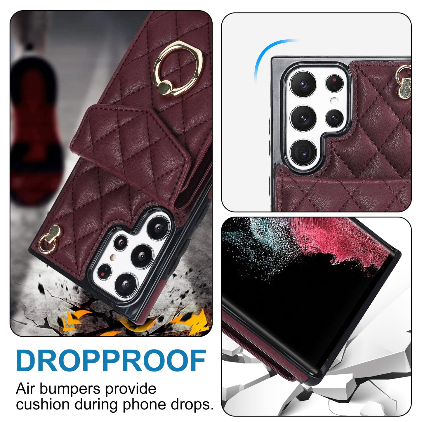 For Samsung Galaxy S24 Ultra Case Ring Kickstand Card Holder Leather+TPU Cover with 2 Straps - Wine Red