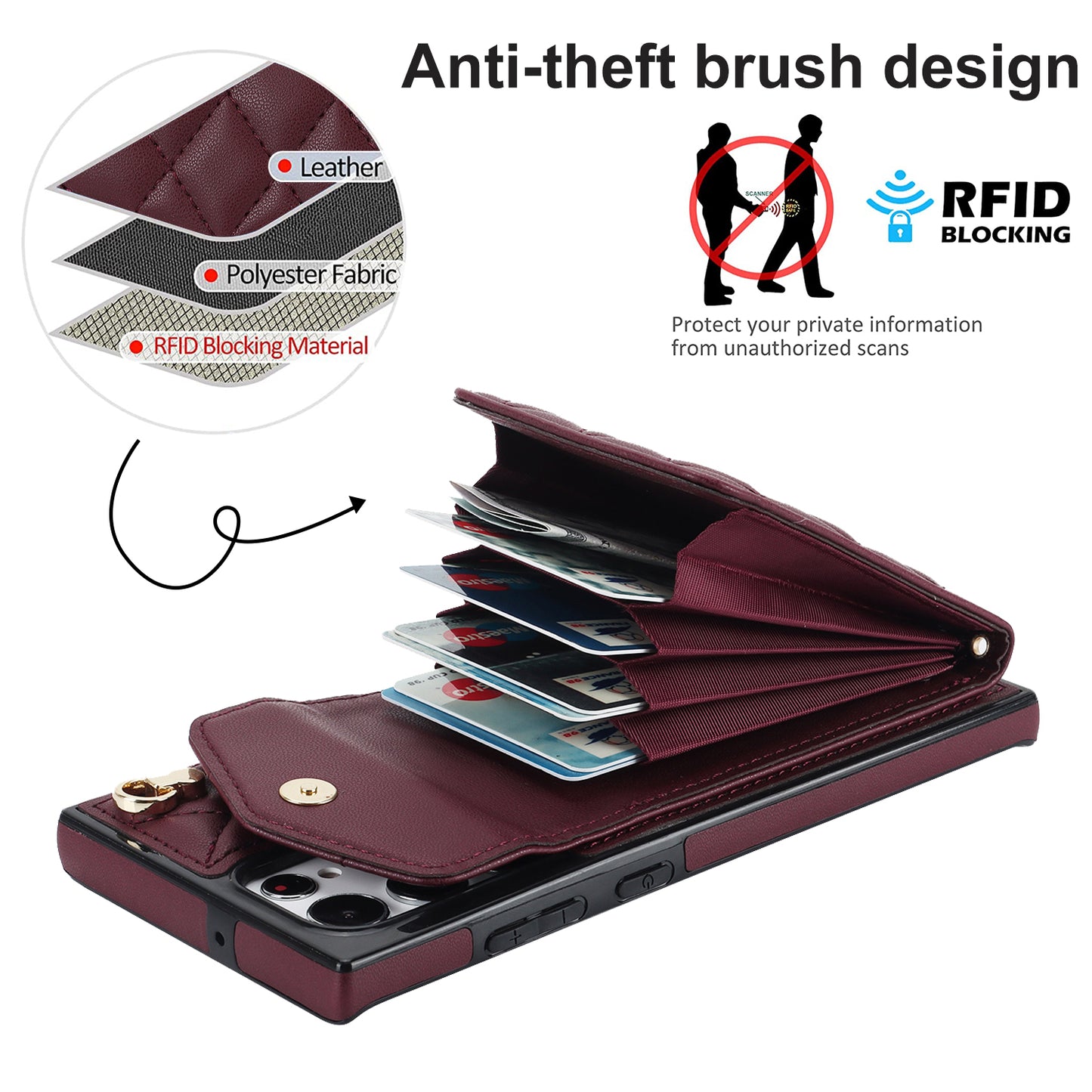 For Samsung Galaxy S24 Ultra Case Ring Kickstand Card Holder Leather+TPU Cover with 2 Straps - Wine Red