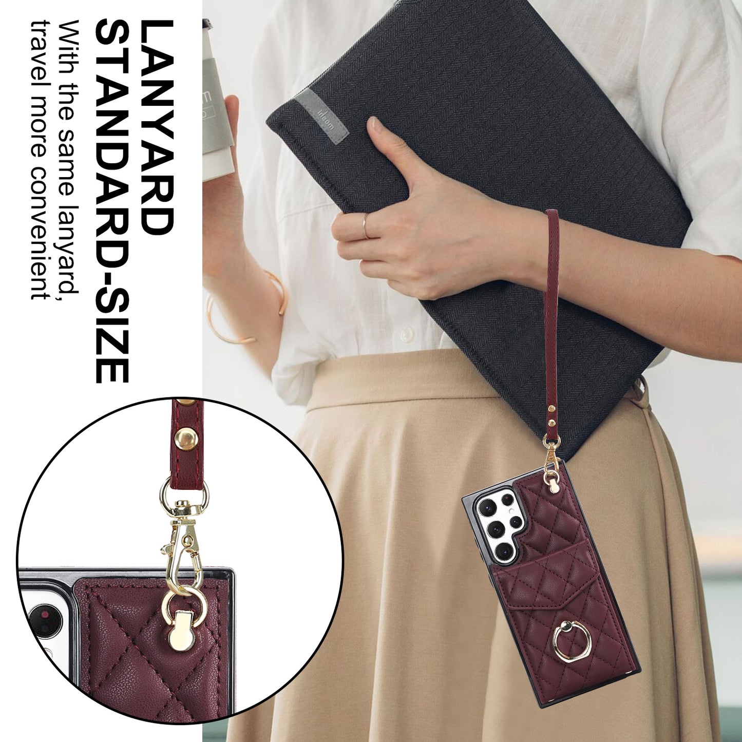 For Samsung Galaxy S24 Ultra Case Ring Kickstand Card Holder Leather+TPU Cover with 2 Straps - Wine Red
