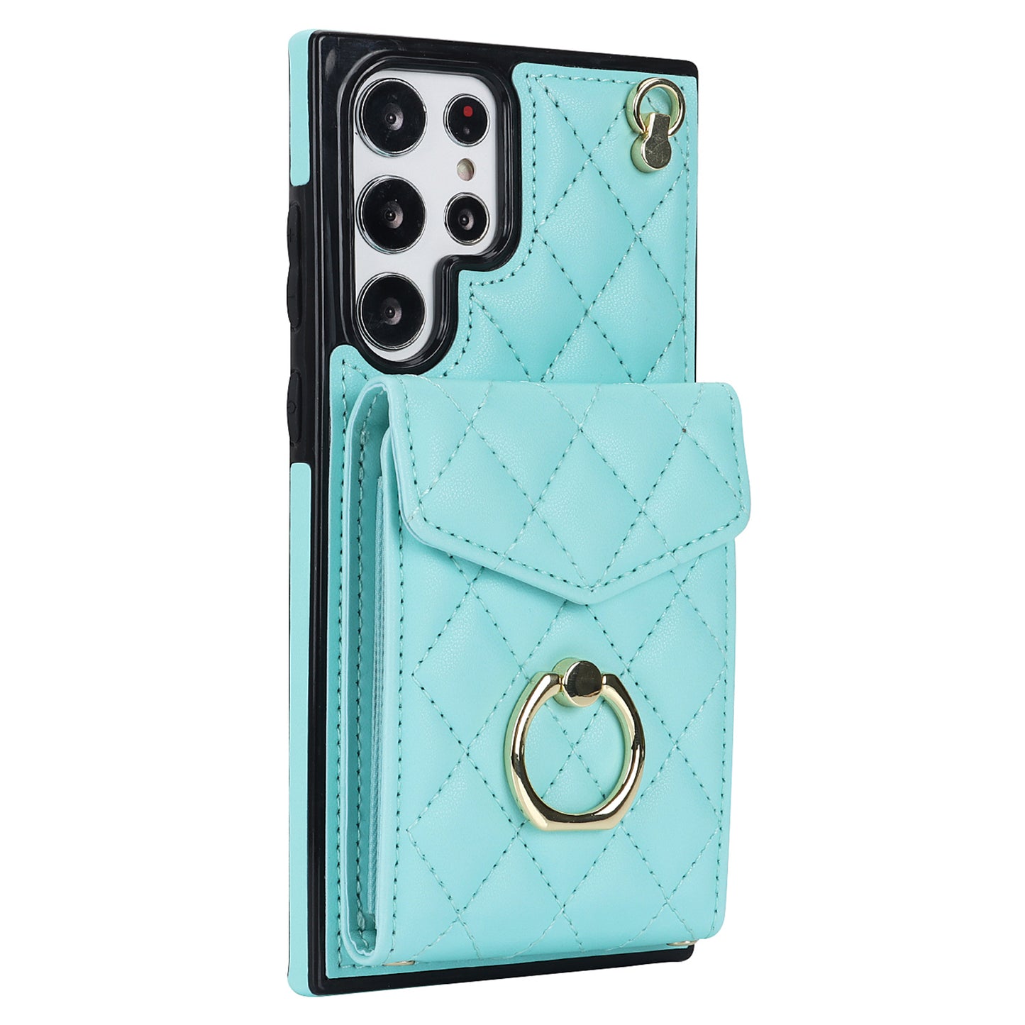 For Samsung Galaxy S24 Ultra Case Ring Kickstand Card Holder Leather+TPU Cover with 2 Straps - Mint Green