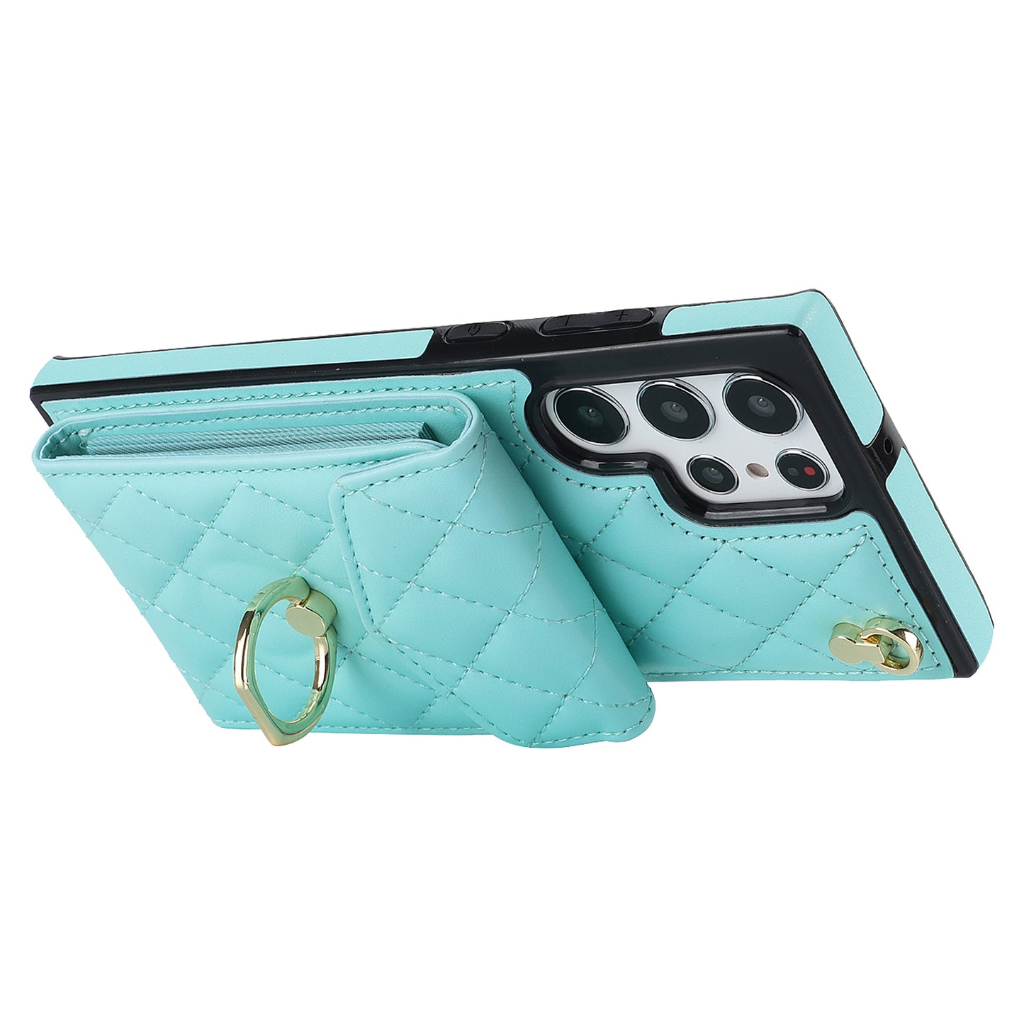For Samsung Galaxy S24 Ultra Case Ring Kickstand Card Holder Leather+TPU Cover with 2 Straps - Mint Green