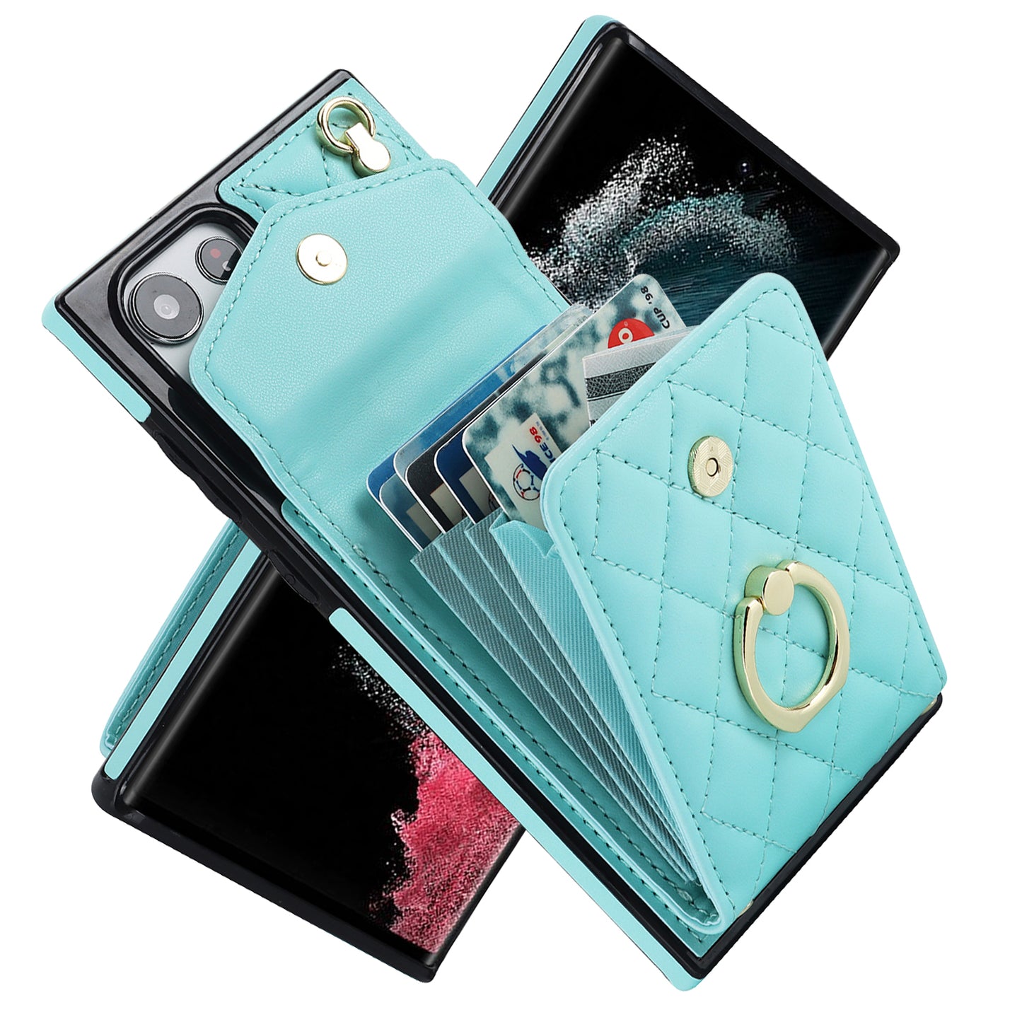 For Samsung Galaxy S24 Ultra Case Ring Kickstand Card Holder Leather+TPU Cover with 2 Straps - Mint Green