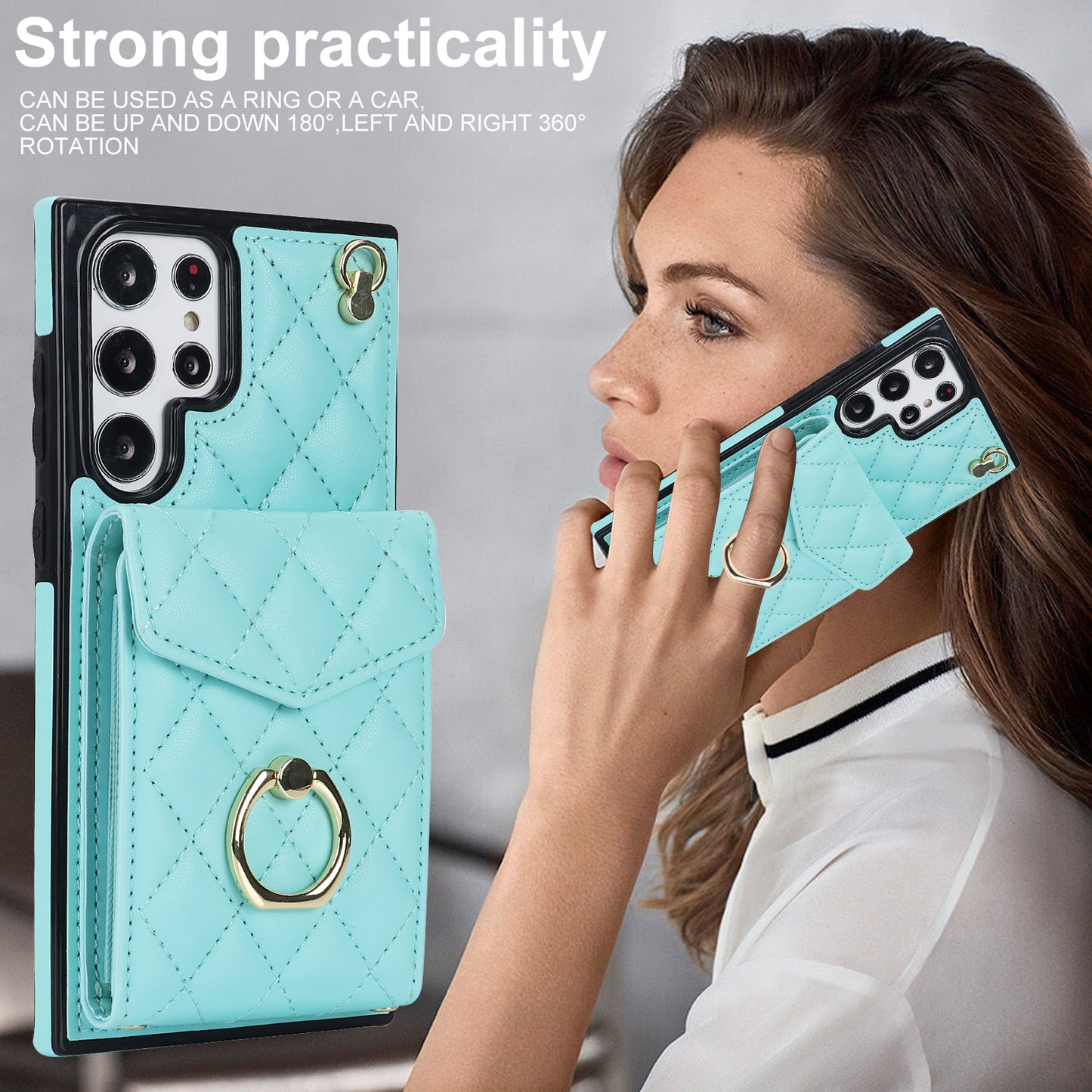 For Samsung Galaxy S24 Ultra Case Ring Kickstand Card Holder Leather+TPU Cover with 2 Straps - Mint Green