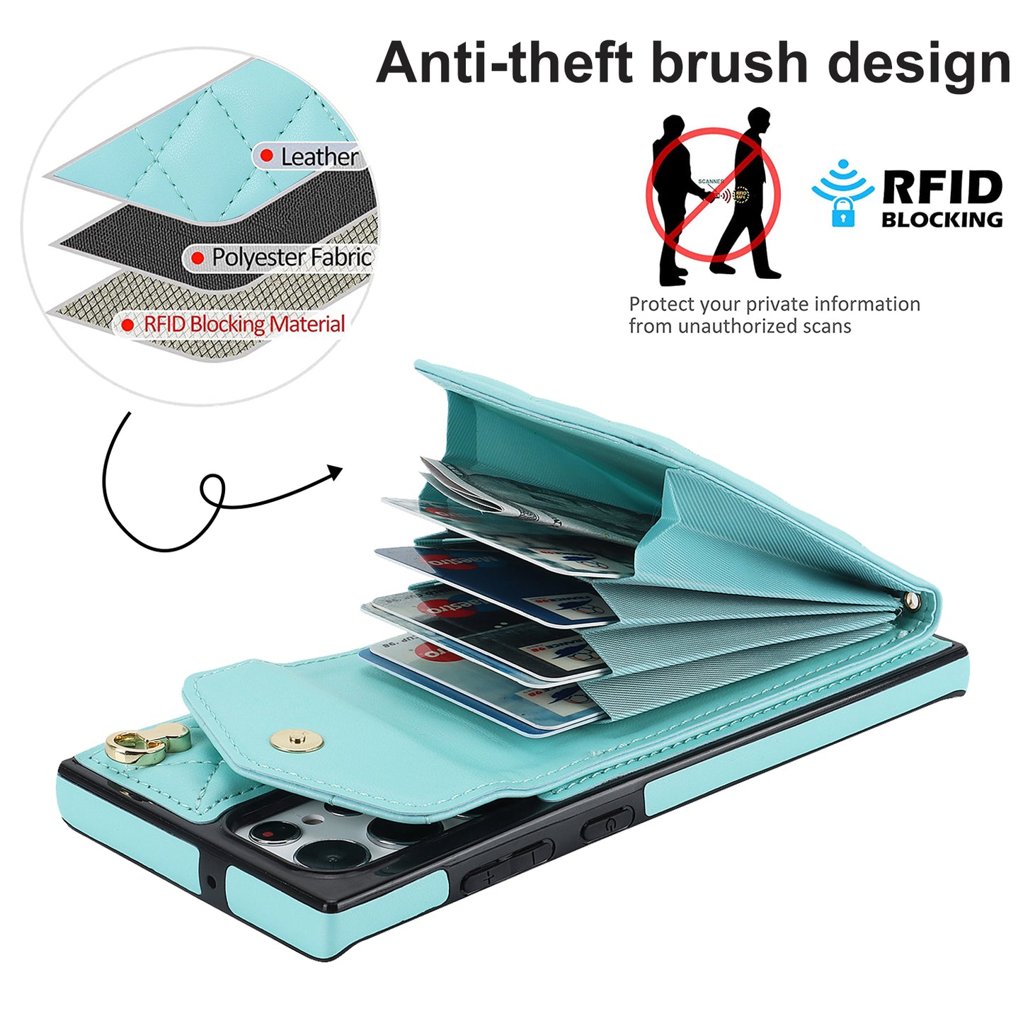 For Samsung Galaxy S24 Ultra Case Ring Kickstand Card Holder Leather+TPU Cover with 2 Straps - Mint Green