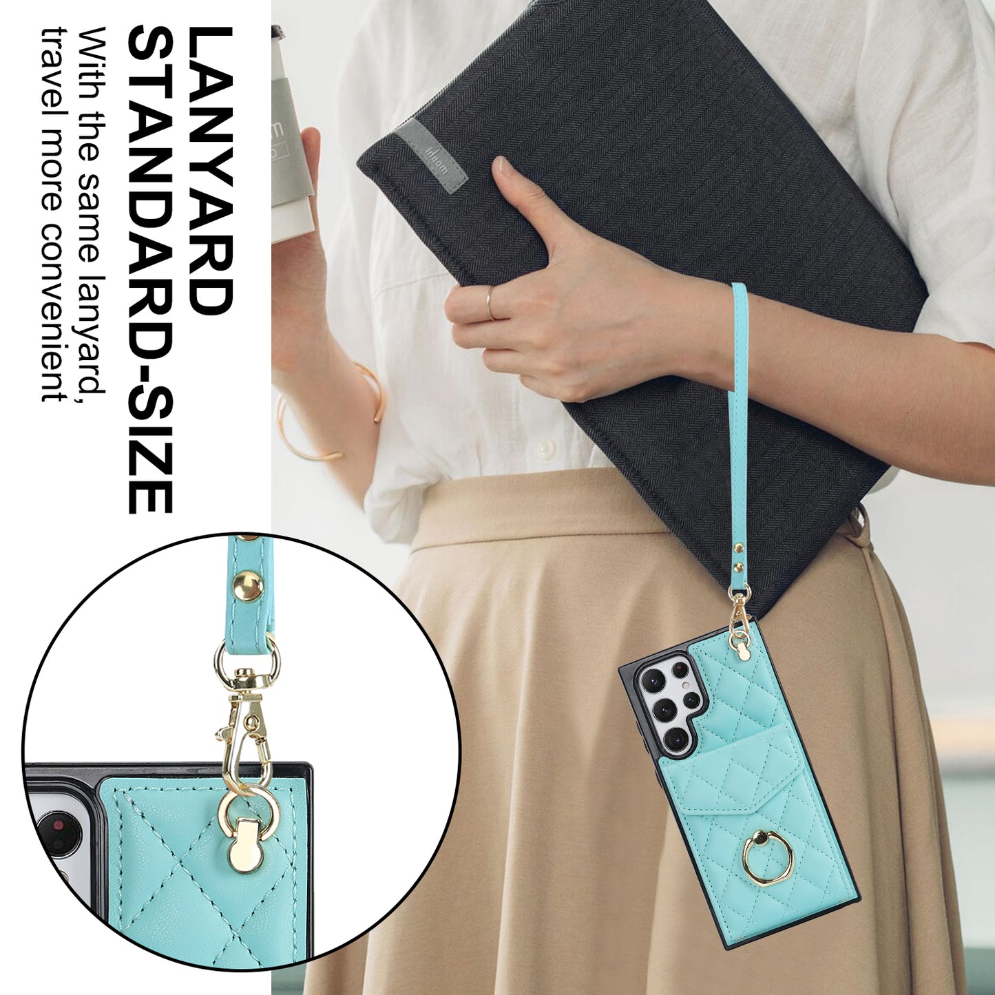 For Samsung Galaxy S24 Ultra Case Ring Kickstand Card Holder Leather+TPU Cover with 2 Straps - Mint Green