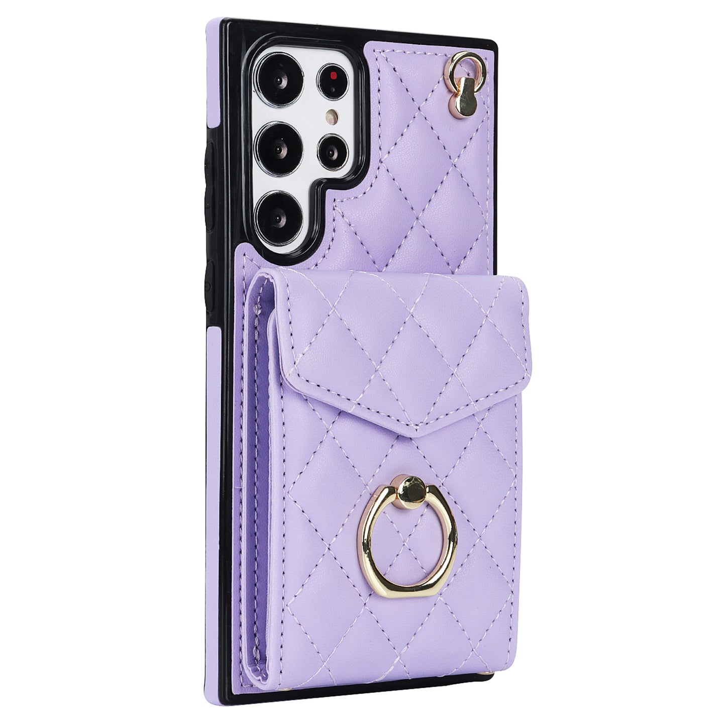 For Samsung Galaxy S24 Ultra Case Ring Kickstand Card Holder Leather+TPU Cover with 2 Straps - Purple