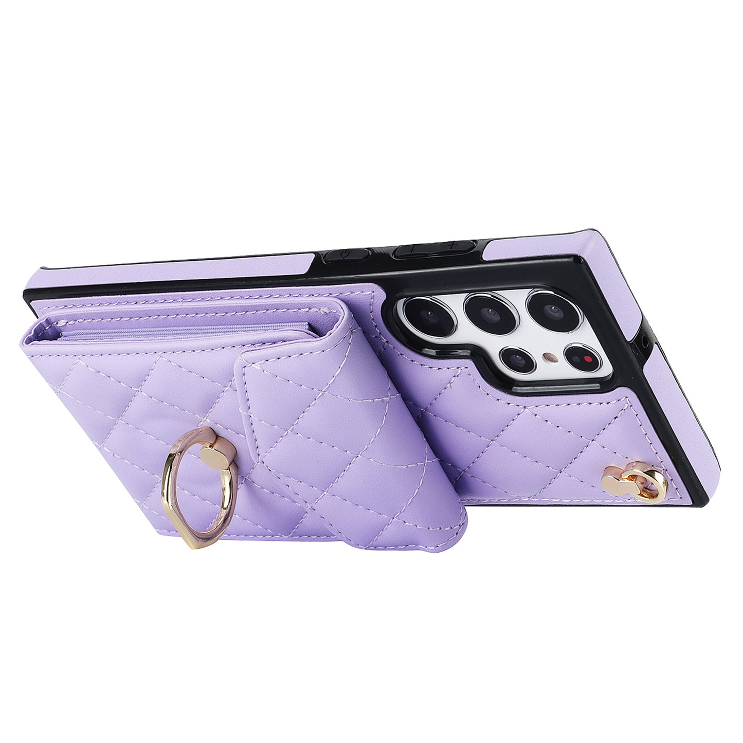 For Samsung Galaxy S24 Ultra Case Ring Kickstand Card Holder Leather+TPU Cover with 2 Straps - Purple