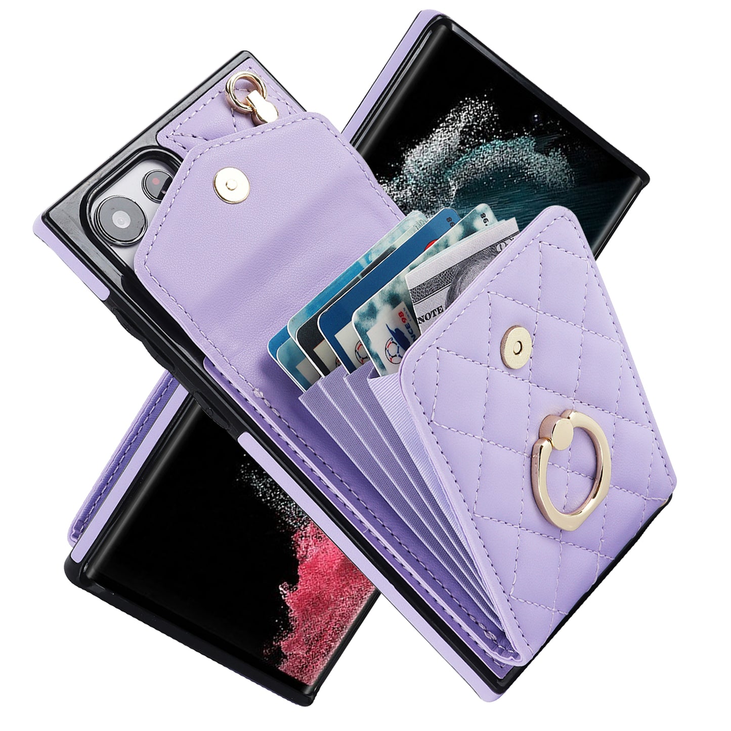 For Samsung Galaxy S24 Ultra Case Ring Kickstand Card Holder Leather+TPU Cover with 2 Straps - Purple
