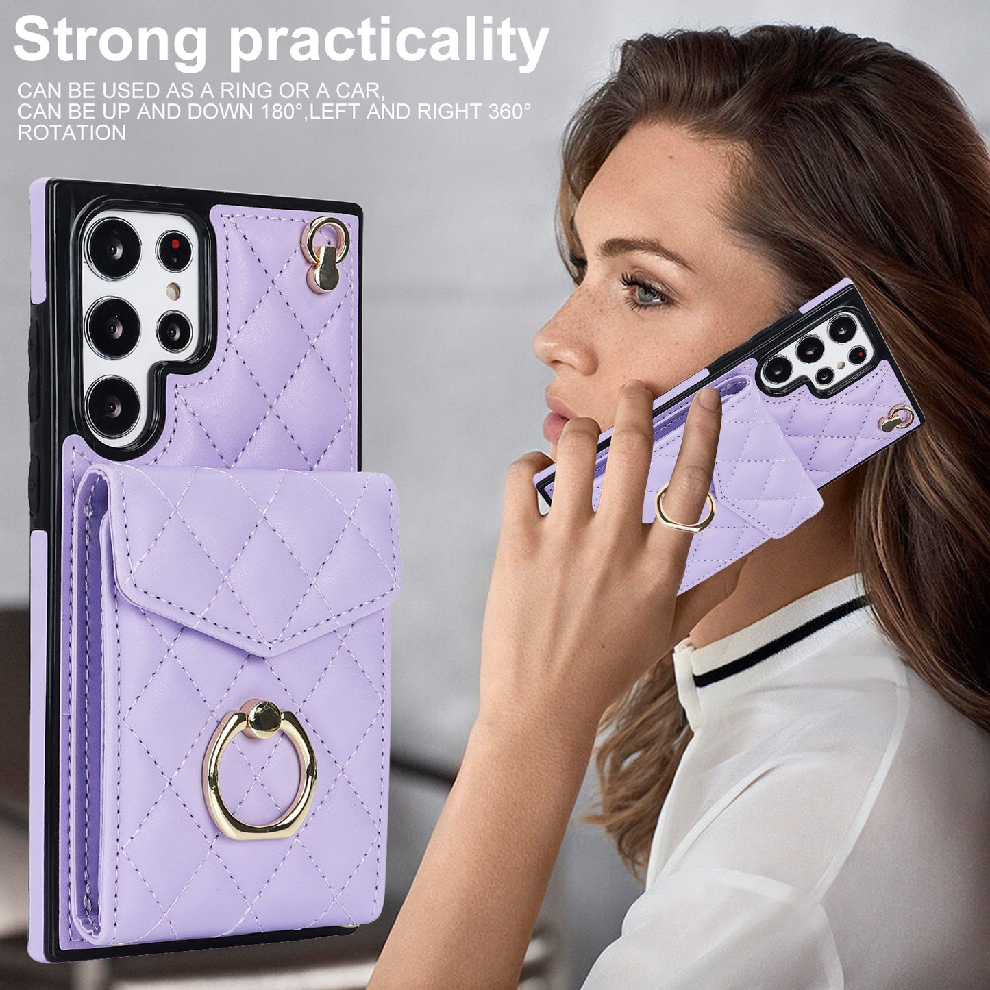 For Samsung Galaxy S24 Ultra Case Ring Kickstand Card Holder Leather+TPU Cover with 2 Straps - Purple