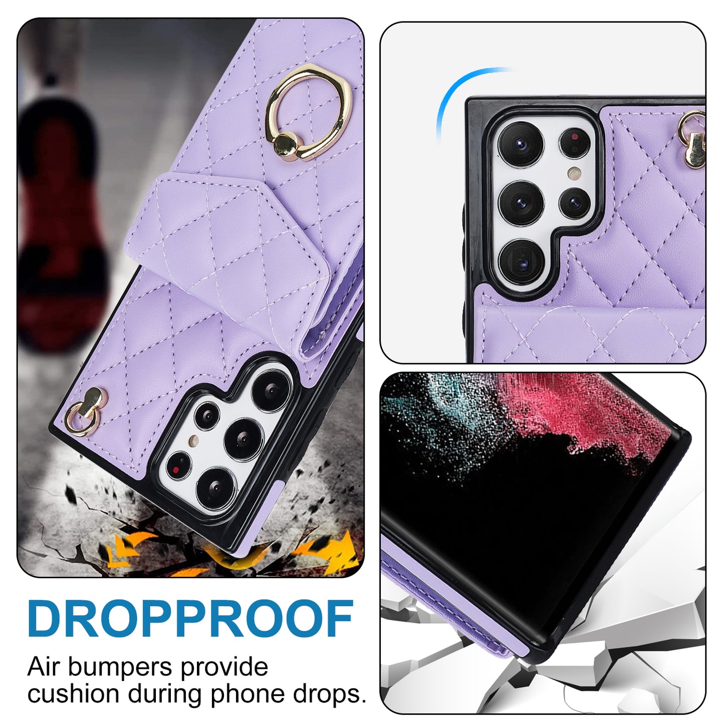 For Samsung Galaxy S24 Ultra Case Ring Kickstand Card Holder Leather+TPU Cover with 2 Straps - Purple