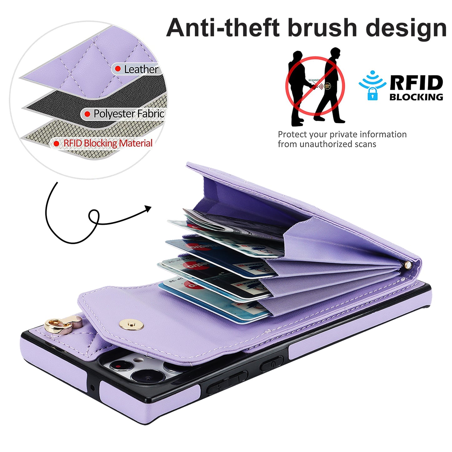 For Samsung Galaxy S24 Ultra Case Ring Kickstand Card Holder Leather+TPU Cover with 2 Straps - Purple