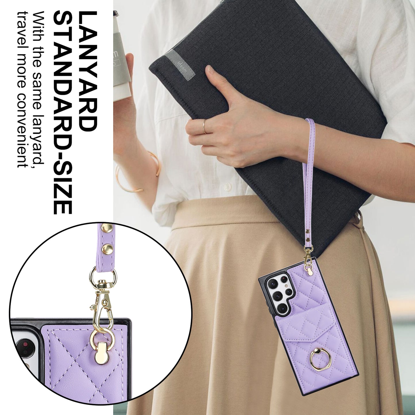 For Samsung Galaxy S24 Ultra Case Ring Kickstand Card Holder Leather+TPU Cover with 2 Straps - Purple