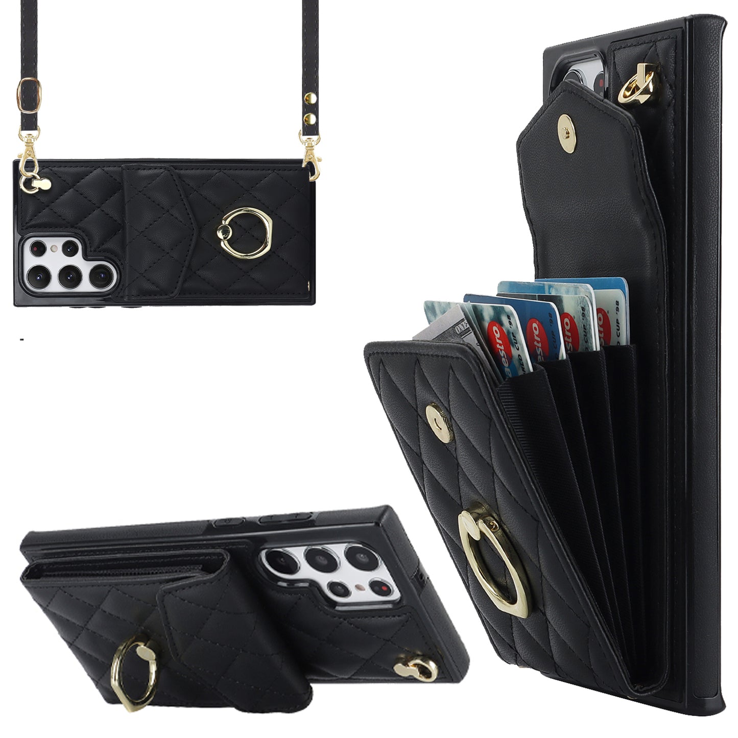 For Samsung Galaxy S24 Ultra Case Ring Kickstand Card Holder Leather+TPU Cover with 2 Straps - Black