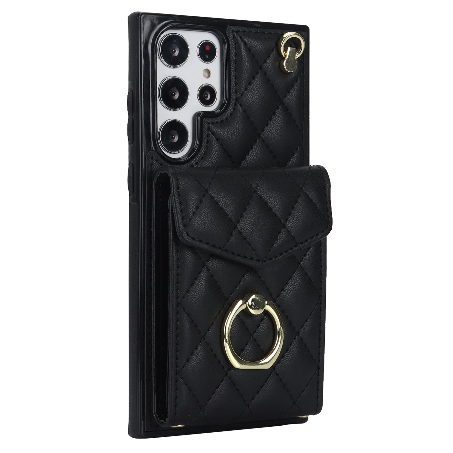 For Samsung Galaxy S24 Ultra Case Ring Kickstand Card Holder Leather+TPU Cover with 2 Straps - Black