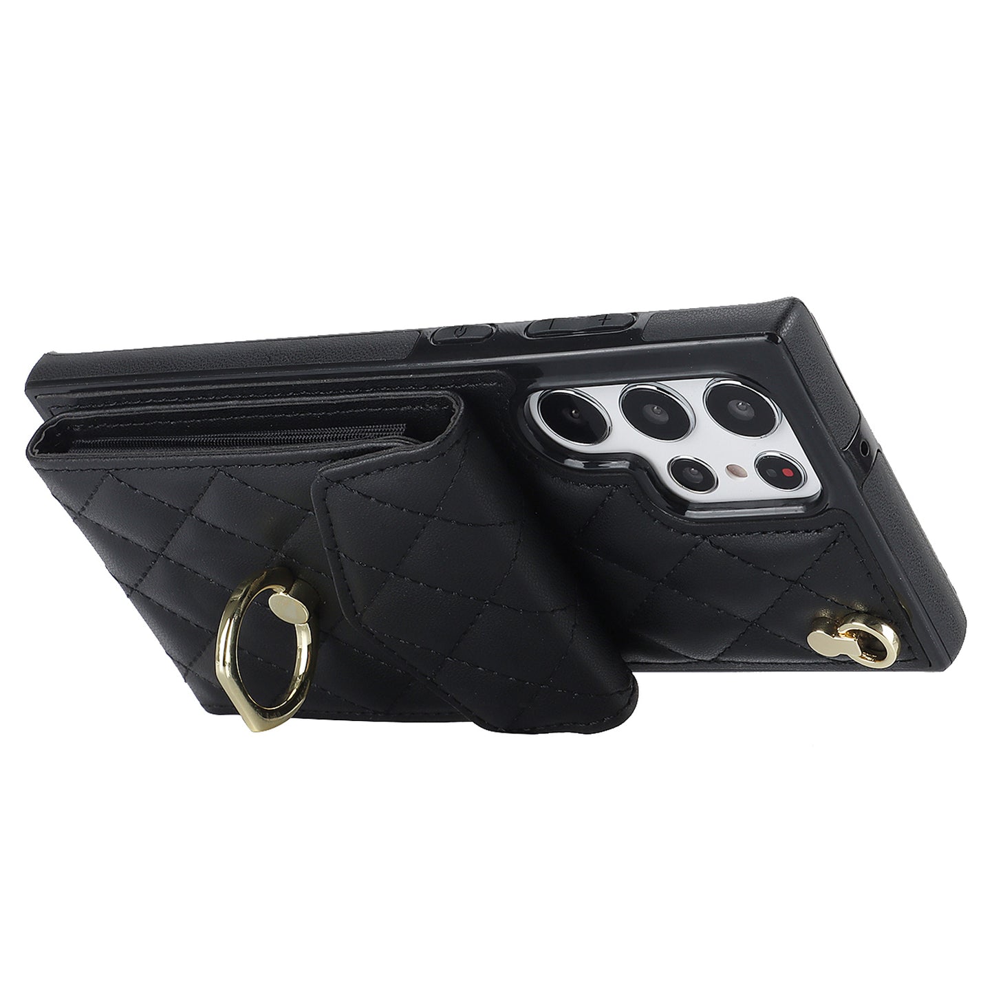 For Samsung Galaxy S24 Ultra Case Ring Kickstand Card Holder Leather+TPU Cover with 2 Straps - Black