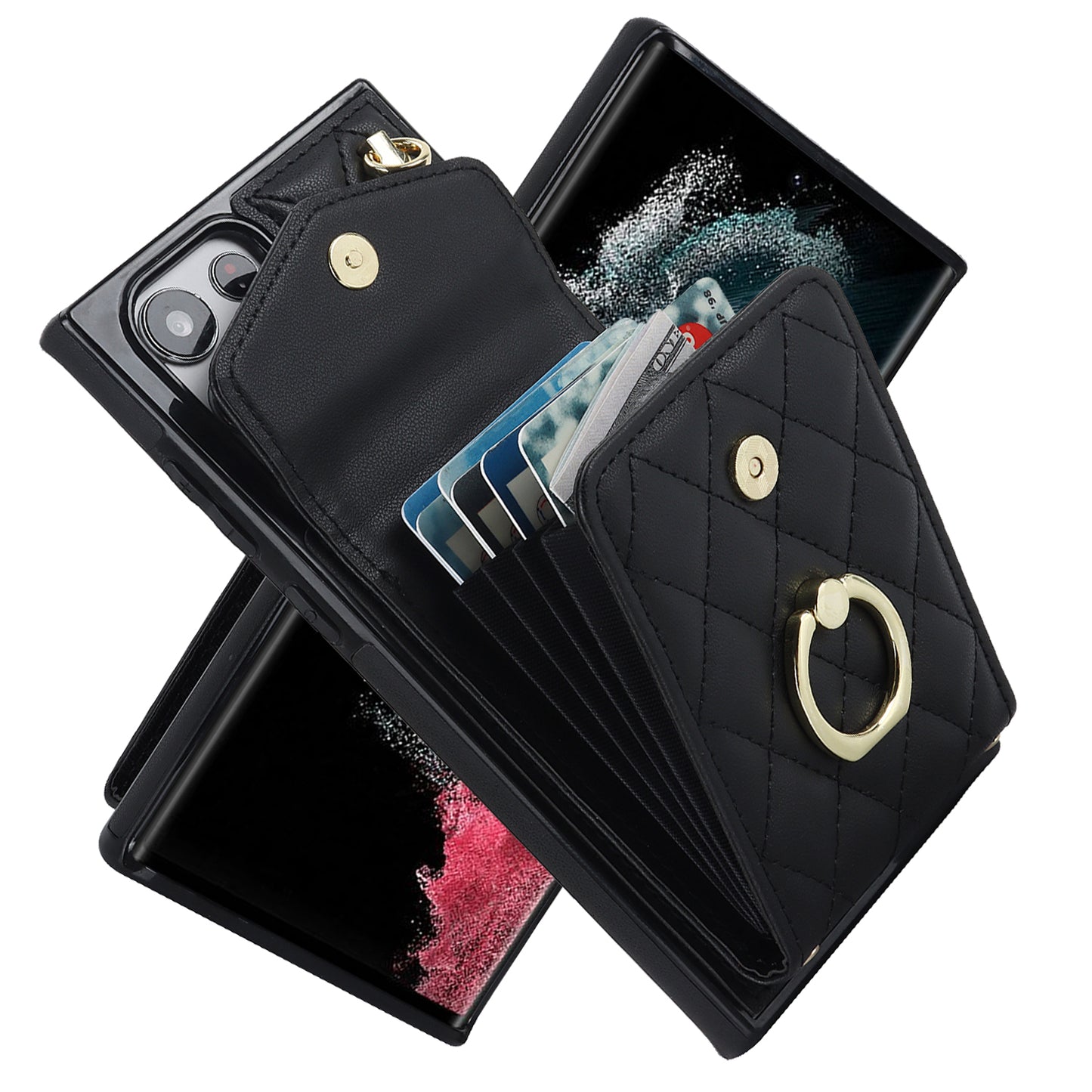 For Samsung Galaxy S24 Ultra Case Ring Kickstand Card Holder Leather+TPU Cover with 2 Straps - Black