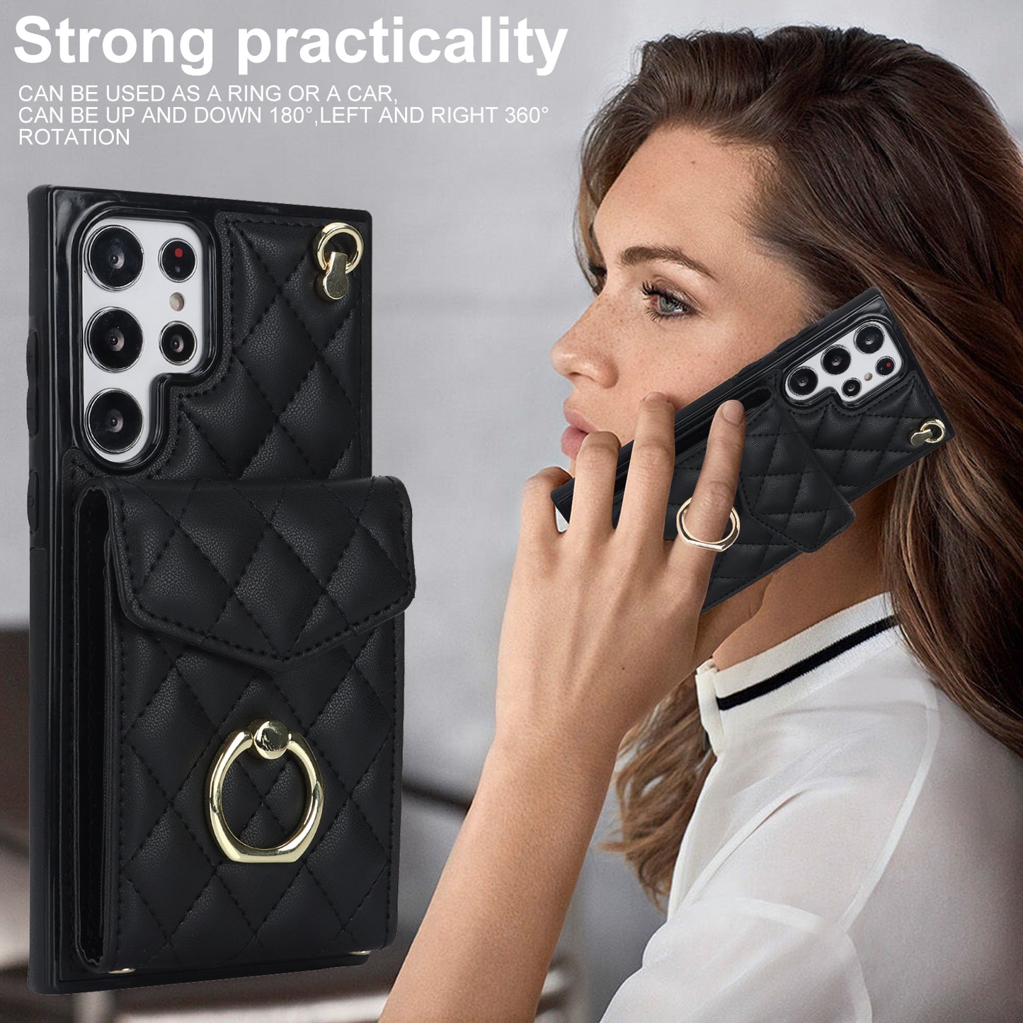 For Samsung Galaxy S24 Ultra Case Ring Kickstand Card Holder Leather+TPU Cover with 2 Straps - Black