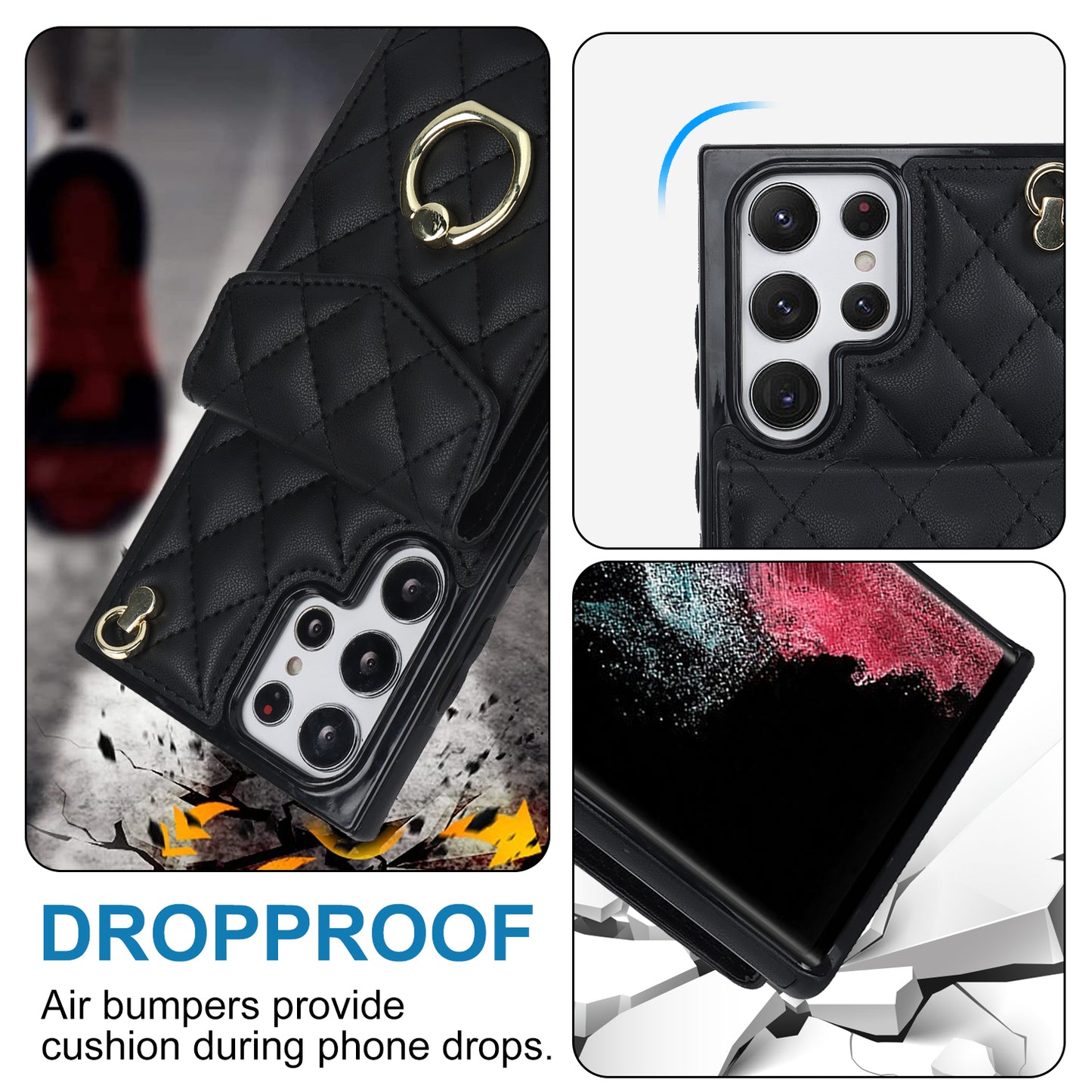 For Samsung Galaxy S24 Ultra Case Ring Kickstand Card Holder Leather+TPU Cover with 2 Straps - Black