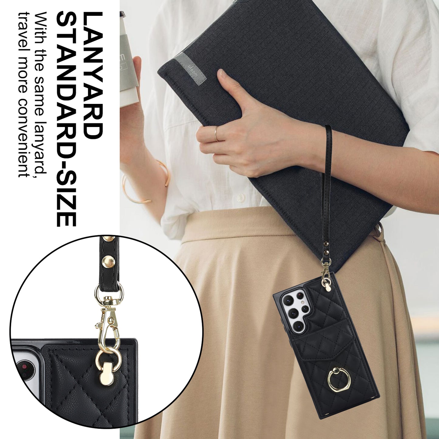 For Samsung Galaxy S24 Ultra Case Ring Kickstand Card Holder Leather+TPU Cover with 2 Straps - Black