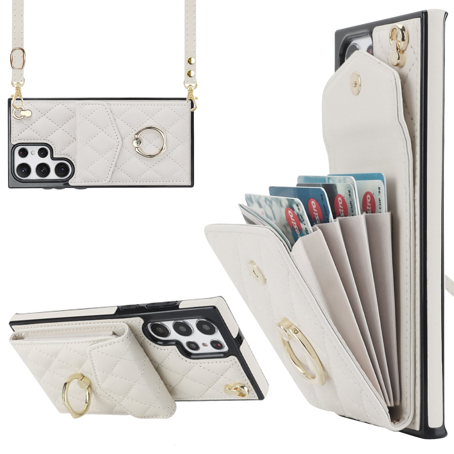 For Samsung Galaxy S24 Ultra Case Ring Kickstand Card Holder Leather+TPU Cover with 2 Straps - Beige