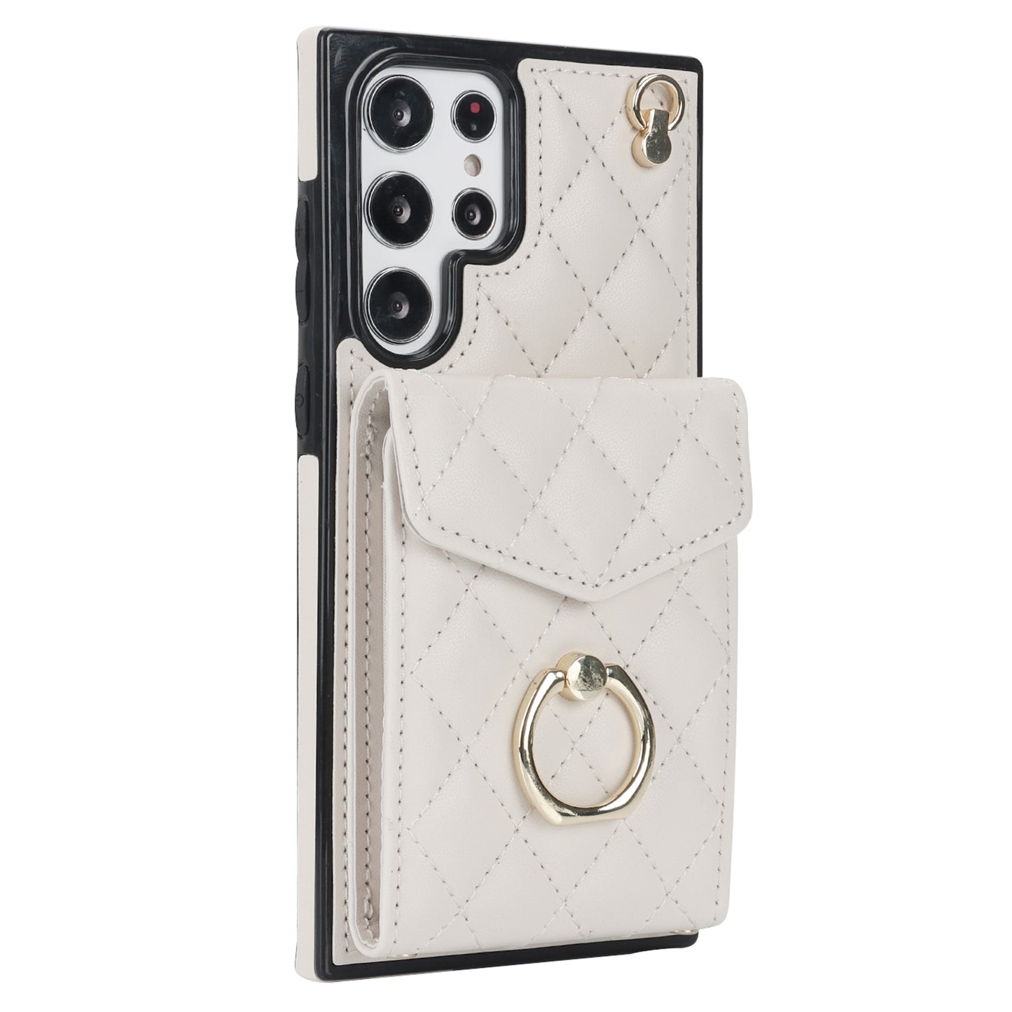For Samsung Galaxy S24 Ultra Case Ring Kickstand Card Holder Leather+TPU Cover with 2 Straps - Beige