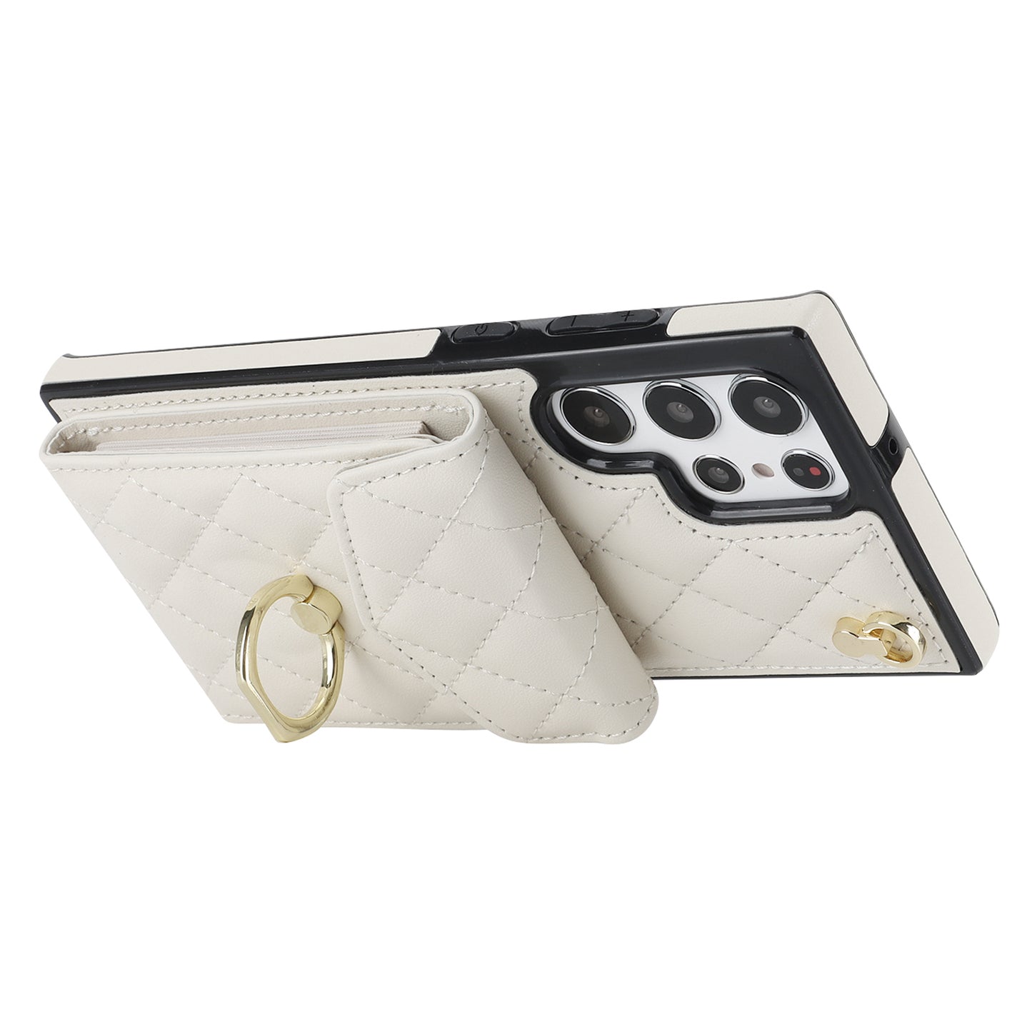 For Samsung Galaxy S24 Ultra Case Ring Kickstand Card Holder Leather+TPU Cover with 2 Straps - Beige