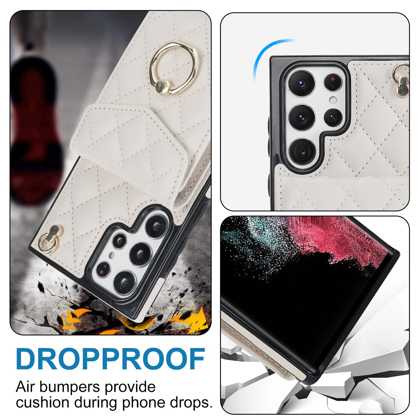 For Samsung Galaxy S24 Ultra Case Ring Kickstand Card Holder Leather+TPU Cover with 2 Straps - Beige