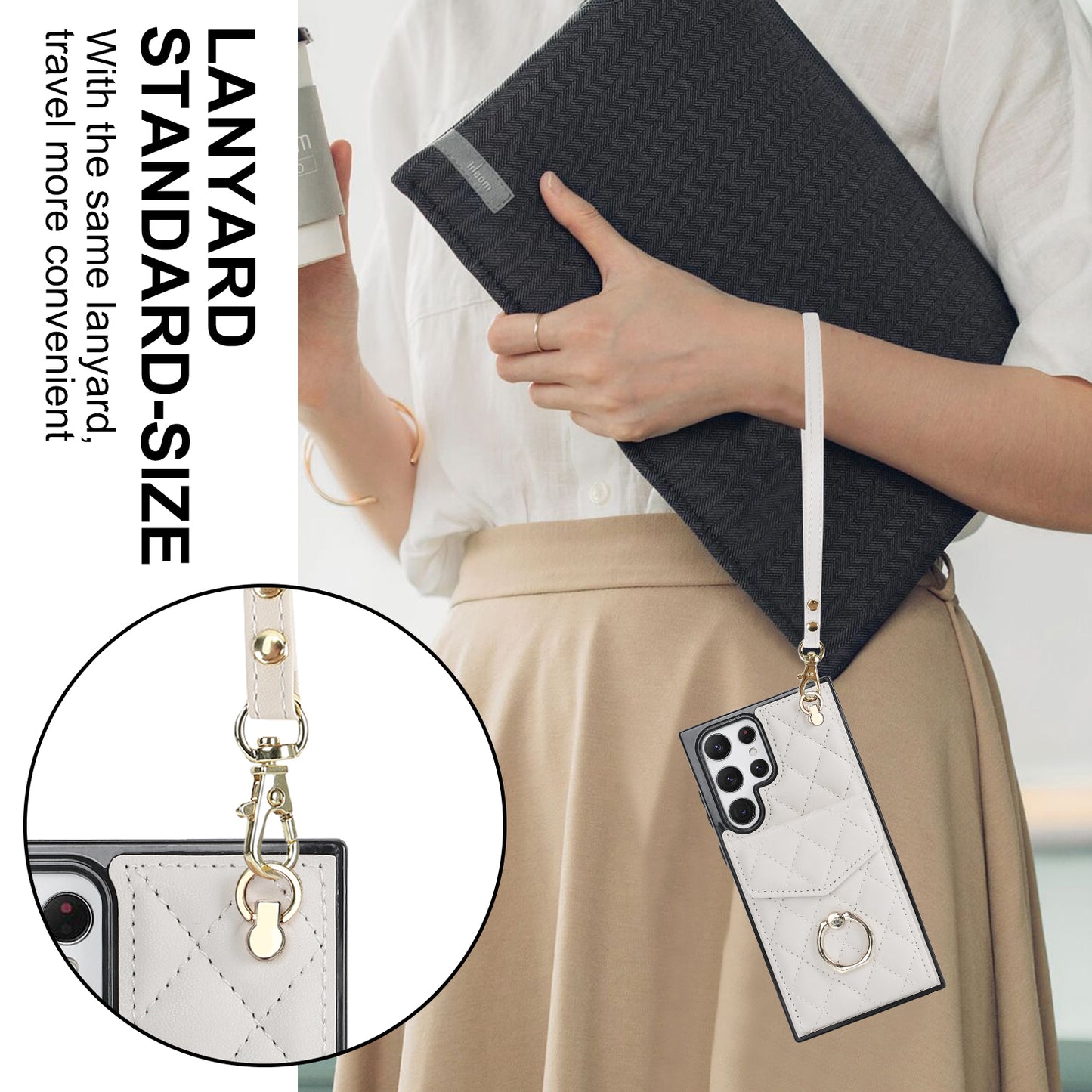 For Samsung Galaxy S24 Ultra Case Ring Kickstand Card Holder Leather+TPU Cover with 2 Straps - Beige