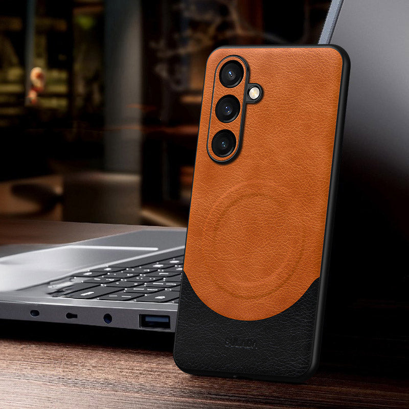 SULADA Magnetic Series for Samsung Galaxy S24+ Case Leather Coated Phone Back Shell Compatible with MagSafe  - Orange