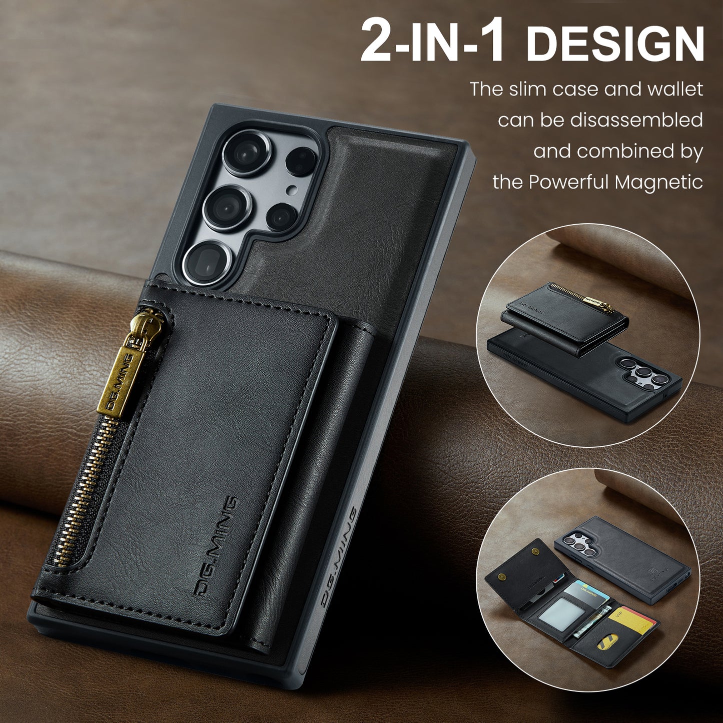 DG.MING M5 Series For Samsung Galaxy S24 Leather Phone Case Magnetic Detachable Wallet Cover - Black