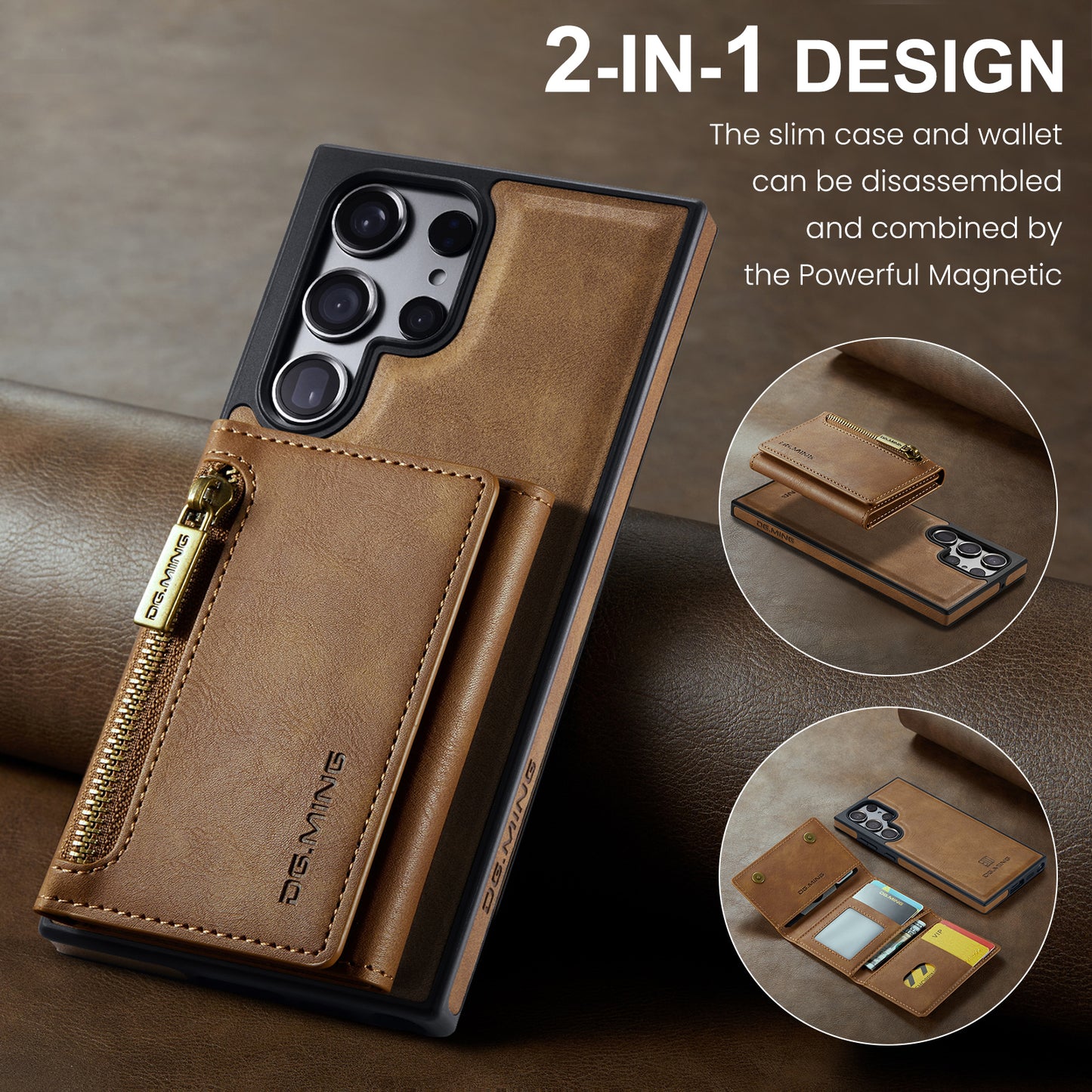 DG.MING M5 Series For Samsung Galaxy S24 Leather Phone Case Magnetic Detachable Wallet Cover - Brown