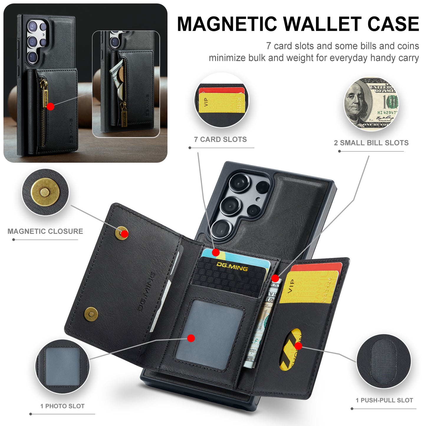 DG.MING M5 Series For Samsung Galaxy S24+ Wallet Case 2-in-1 Detachable Leather Phone Cover - Black
